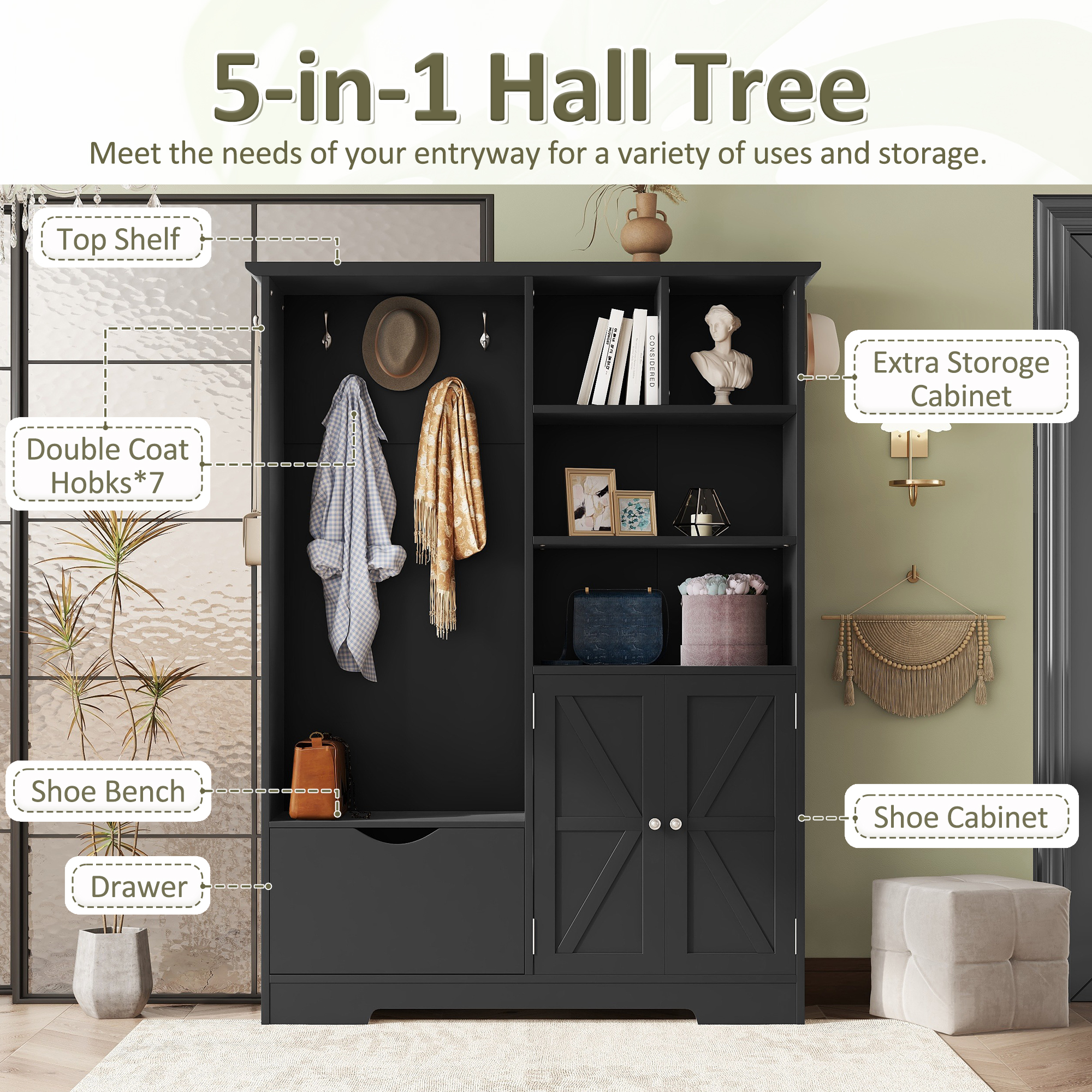 Multi-functional Hall Tree with Storage Shelves Drawers and Cabinet, Elegant Hallway Shoe Cabinet with Bench, Modern Coat Rack with Hooks for Hallway Entryways, Black