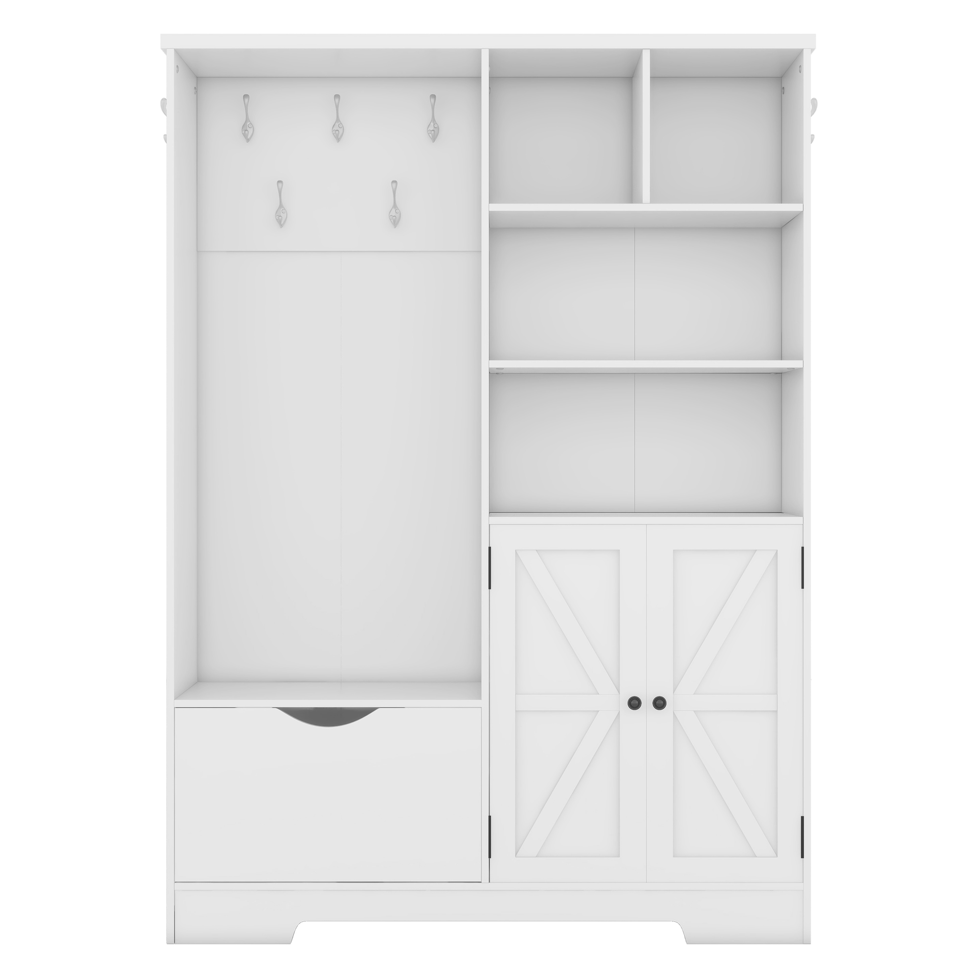 Multi-functional Hall Tree with Storage Shelves Drawers and Cabinet, Elegant Hallway Shoe Cabinet with Bench, Modern Coat Rack with Hooks for Hallway Entryways, White