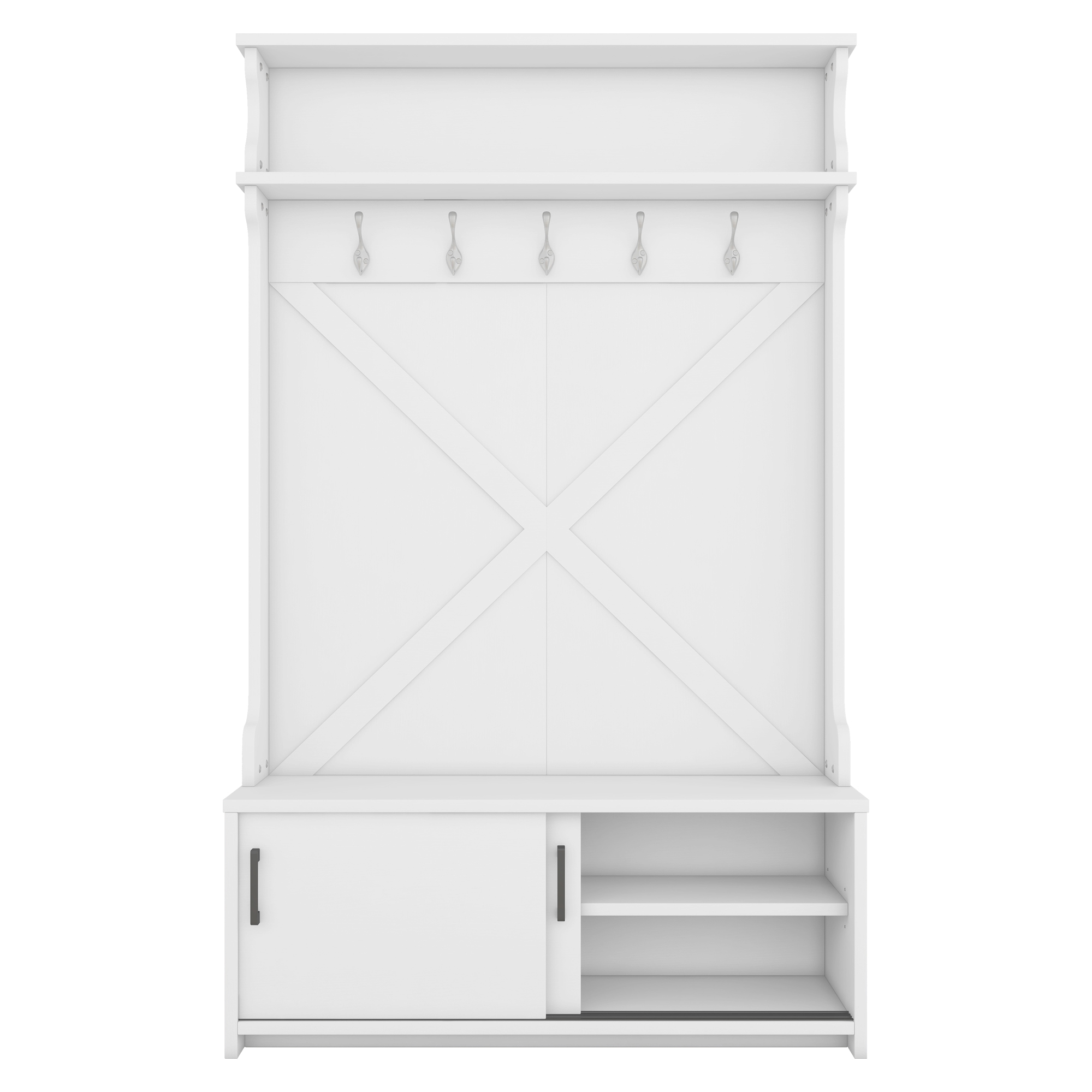 Hall Tree with Top Shelf and Storage Bench, Hallway Shoe Cabinet with Sliding Doors, Coat Rack with 5 Hanging Hooks for Entryways Hallways,White