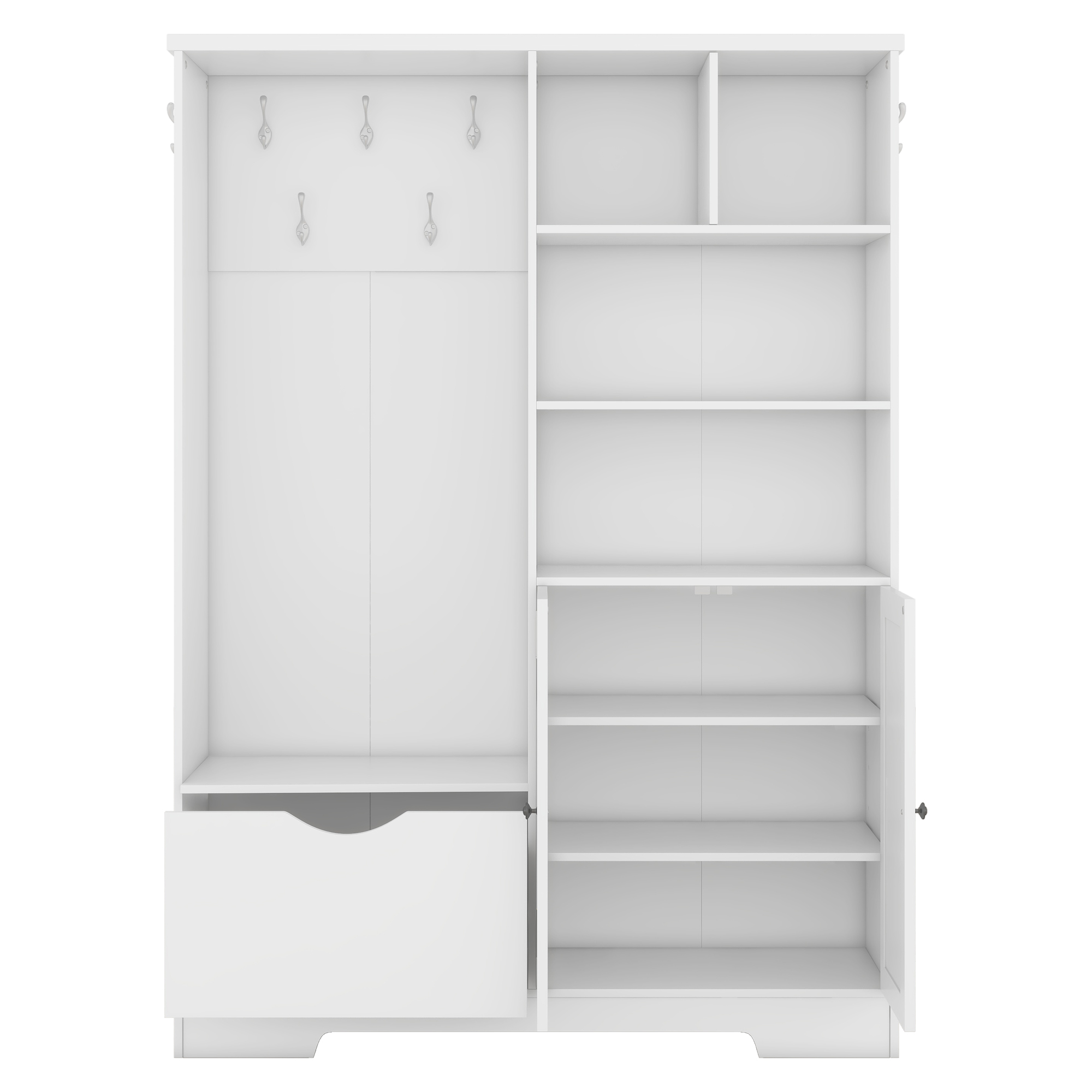 Multi-functional Hall Tree with Storage Shelves Drawers and Cabinet, Elegant Hallway Shoe Cabinet with Bench, Modern Coat Rack with Hooks for Hallway Entryways, White