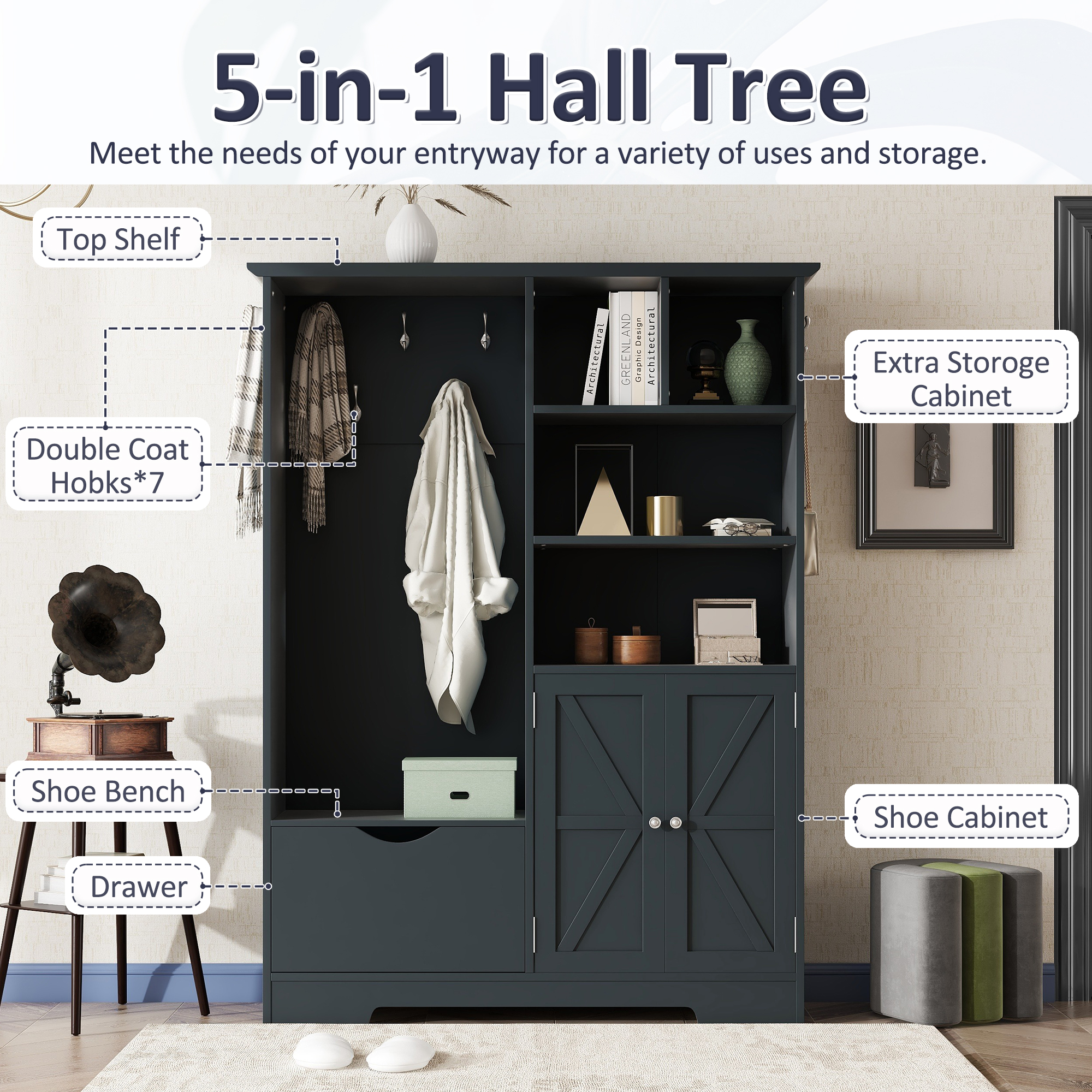 Multi-functional Hall Tree with Storage Shelves Drawers and Cabinet, Elegant Hallway Shoe Cabinet with Bench, Modern Coat Rack with Hooks for Hallway Entryways, Antique Blue