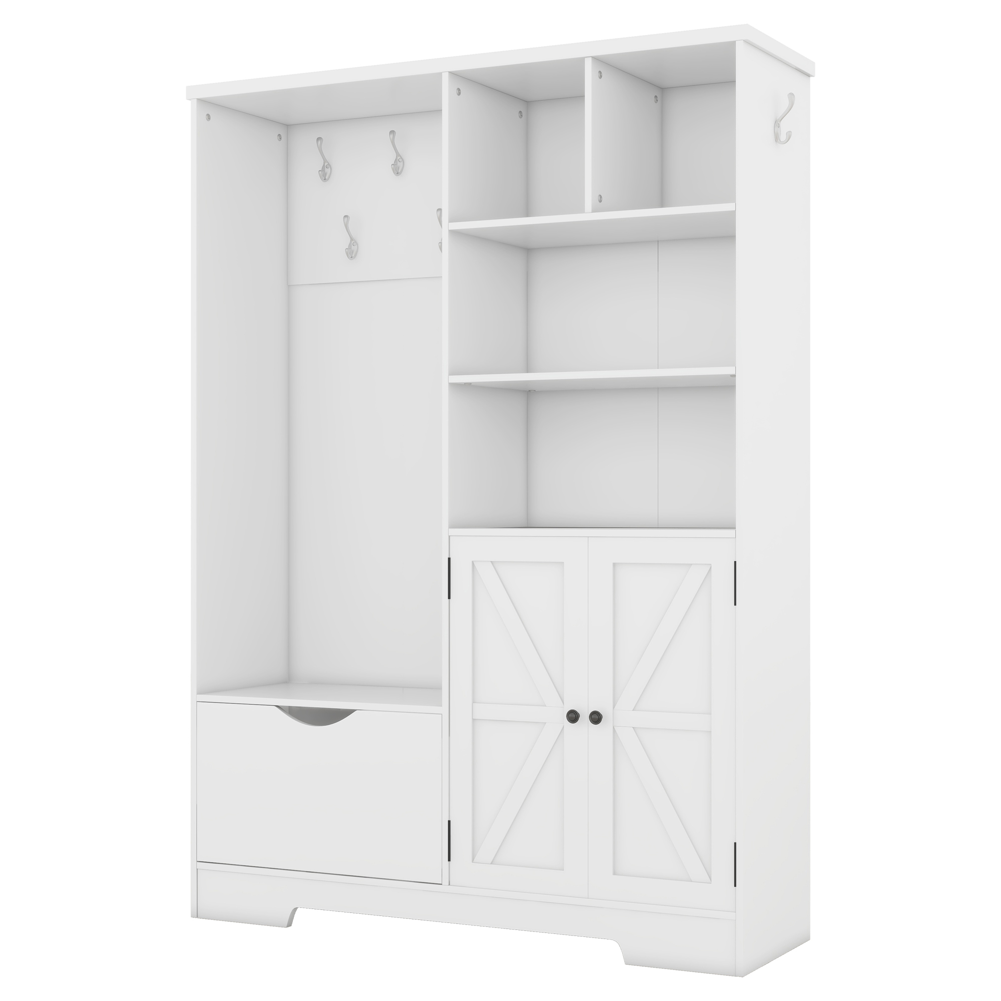 Multi-functional Hall Tree with Storage Shelves Drawers and Cabinet, Elegant Hallway Shoe Cabinet with Bench, Modern Coat Rack with Hooks for Hallway Entryways, White