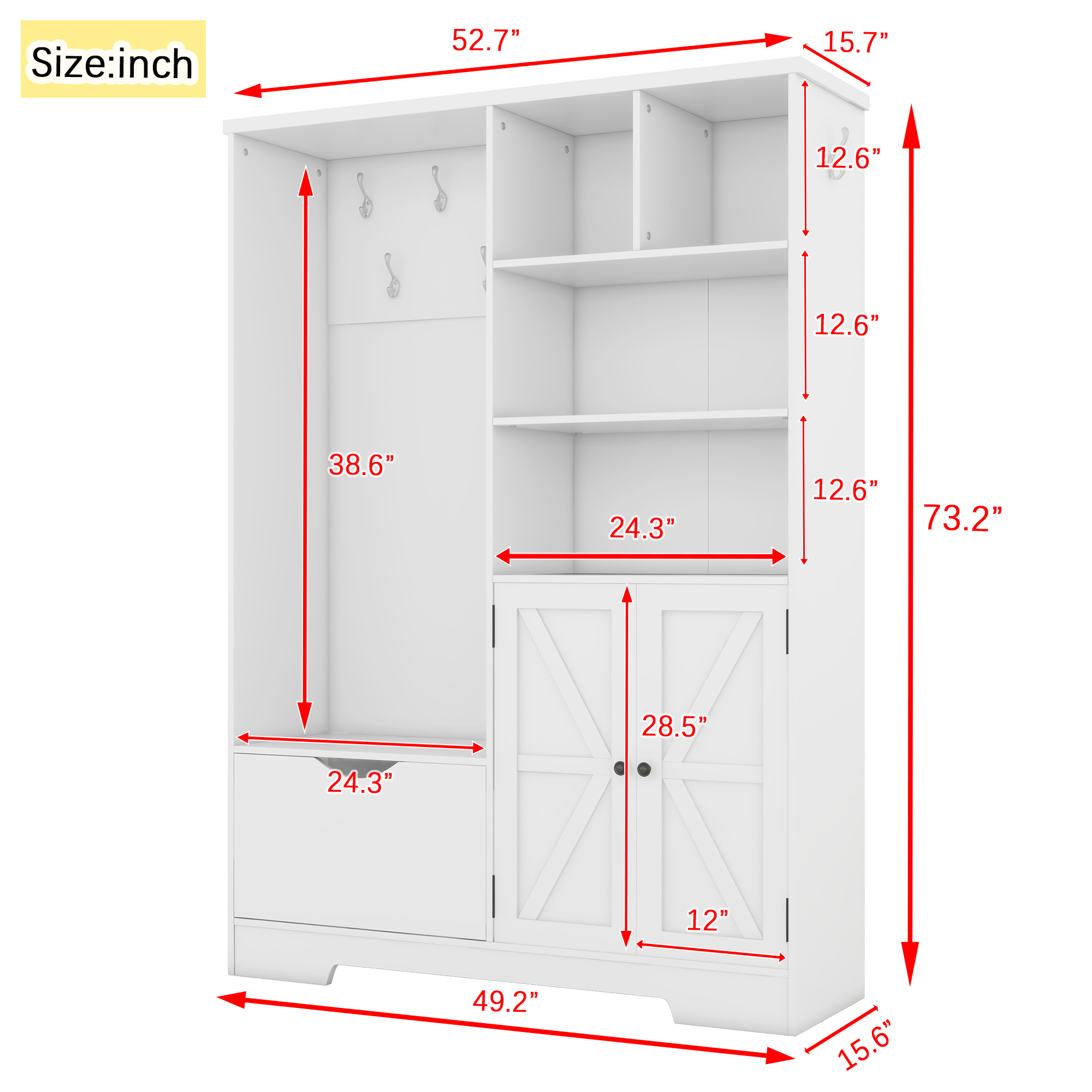 Multi-functional Hall Tree with Storage Shelves Drawers and Cabinet, Elegant Hallway Shoe Cabinet with Bench, Modern Coat Rack with Hooks for Hallway Entryways, White