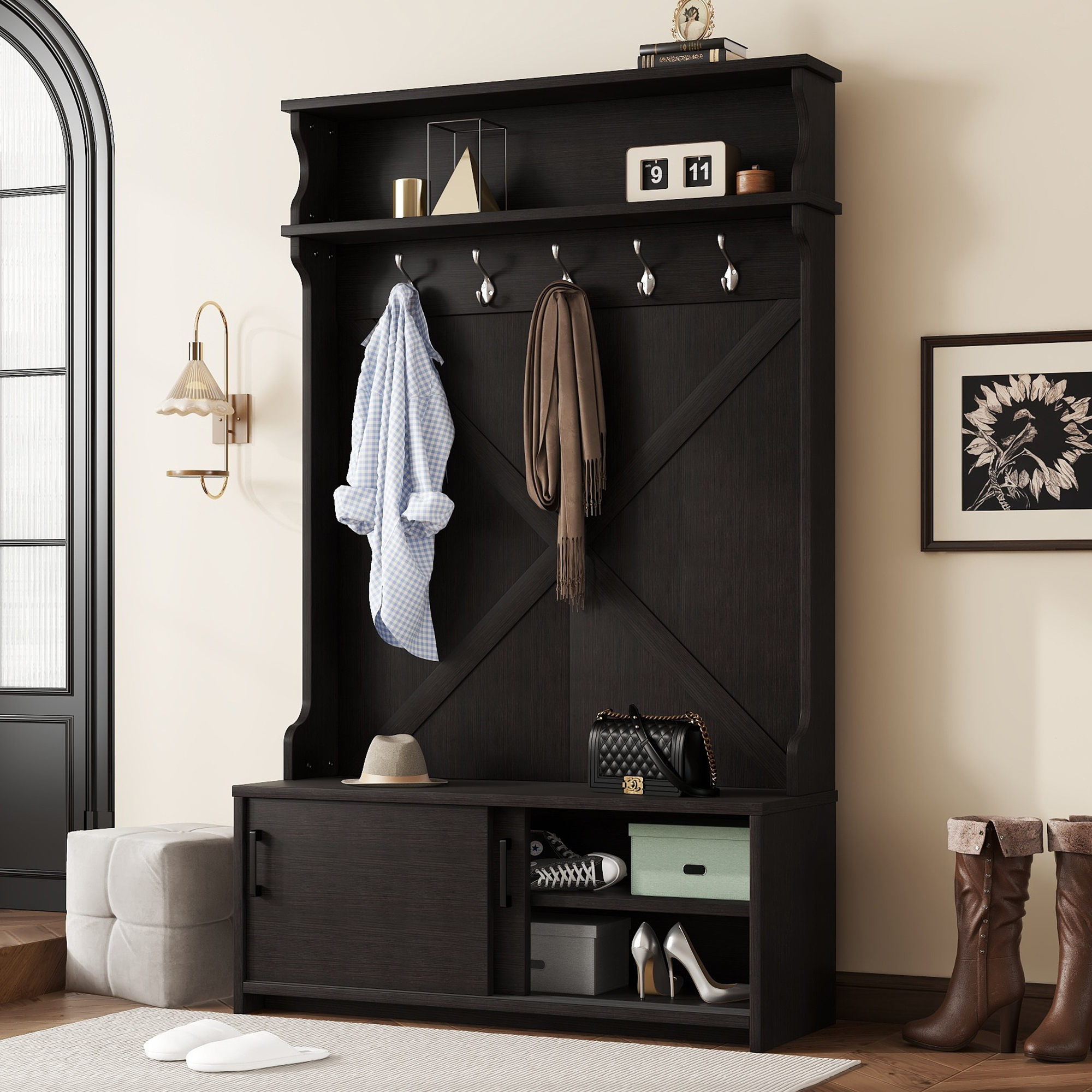 Hall Tree with Top Shelf and Storage Bench, Hallway Shoe Cabinet with Sliding Doors, Coat Rack with 5 Hanging Hooks for Entryways Hallways, Black