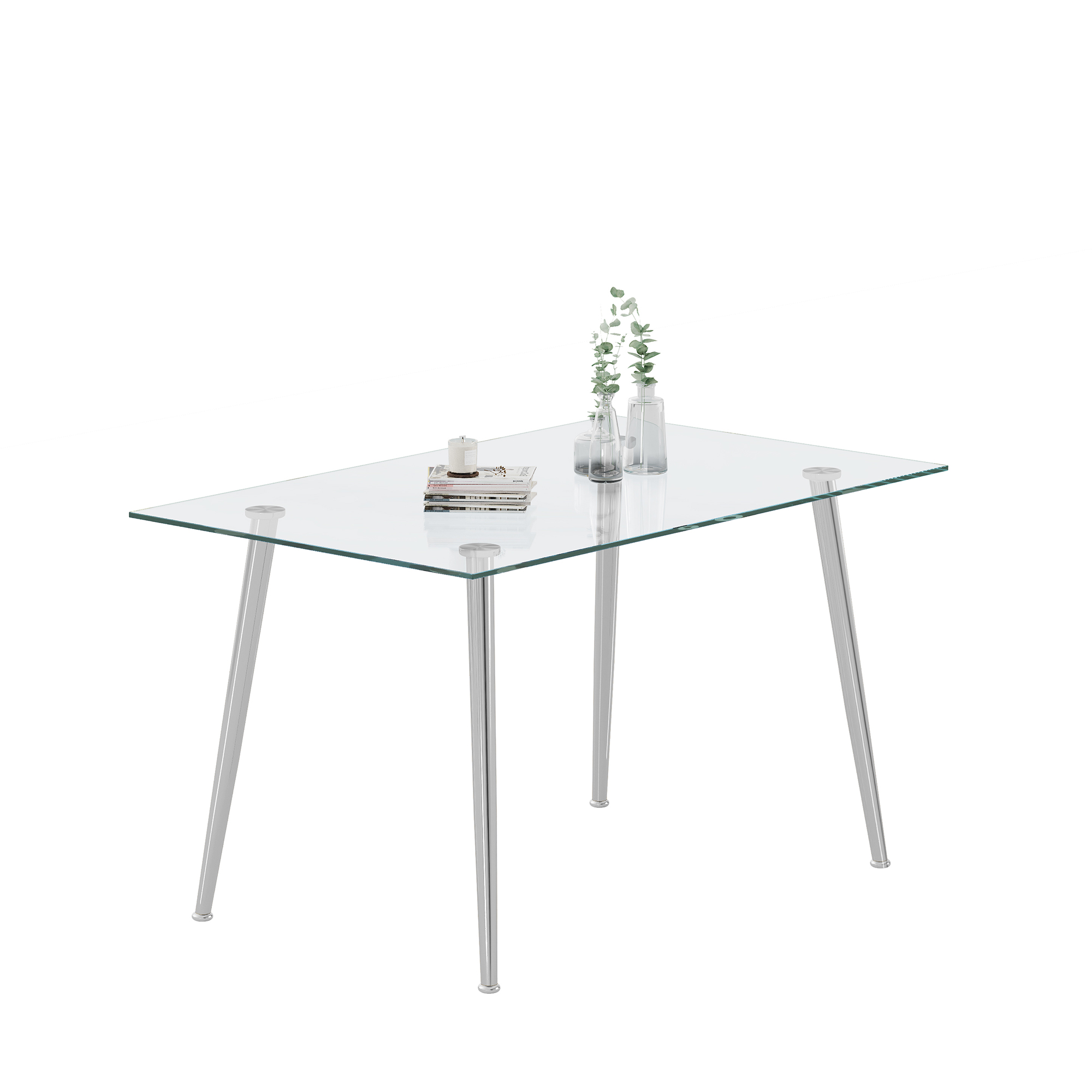 0.32" Thick Tempered Glass Top Dining Table with Silver Stainless Steel Legs