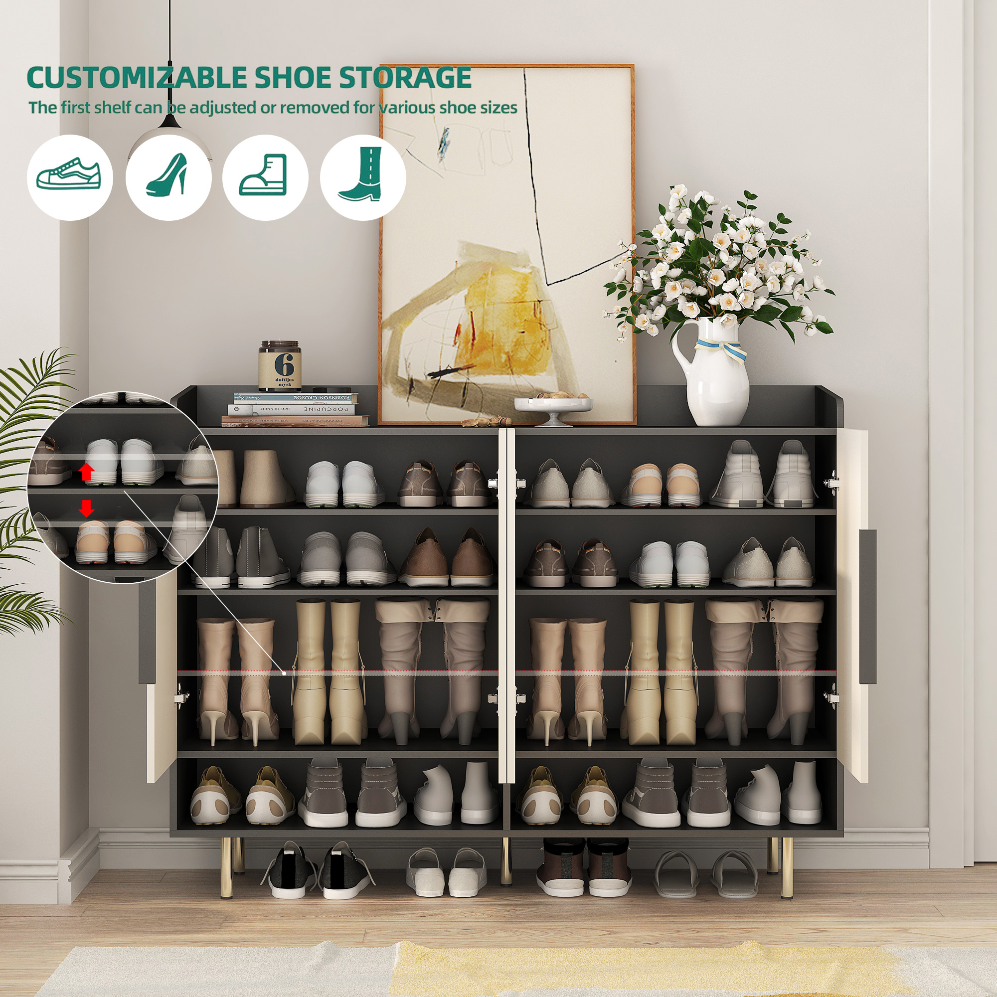 Sideboard,Shoe Cabinet with 4 Doors Large Modern Shoe Storage Organizer Cabinet with Adjustable Shelves for Entryway Black Shoe Rack Cabinet for Living room, bedroom