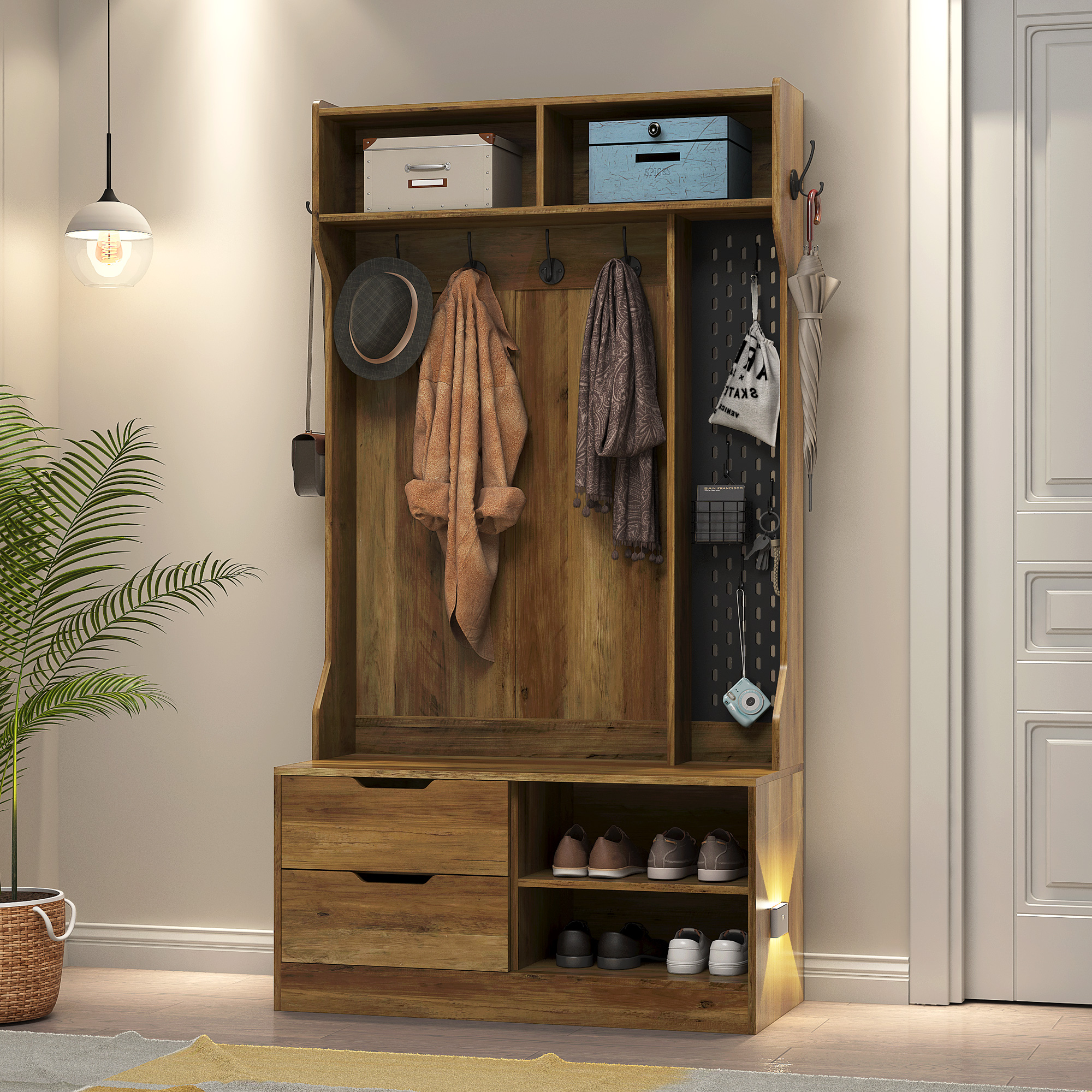 Hall Tree with 4 Hooks,Coat Hanger, Entryway Bench, Storage Bench,for Entrance, Hallwa,brown