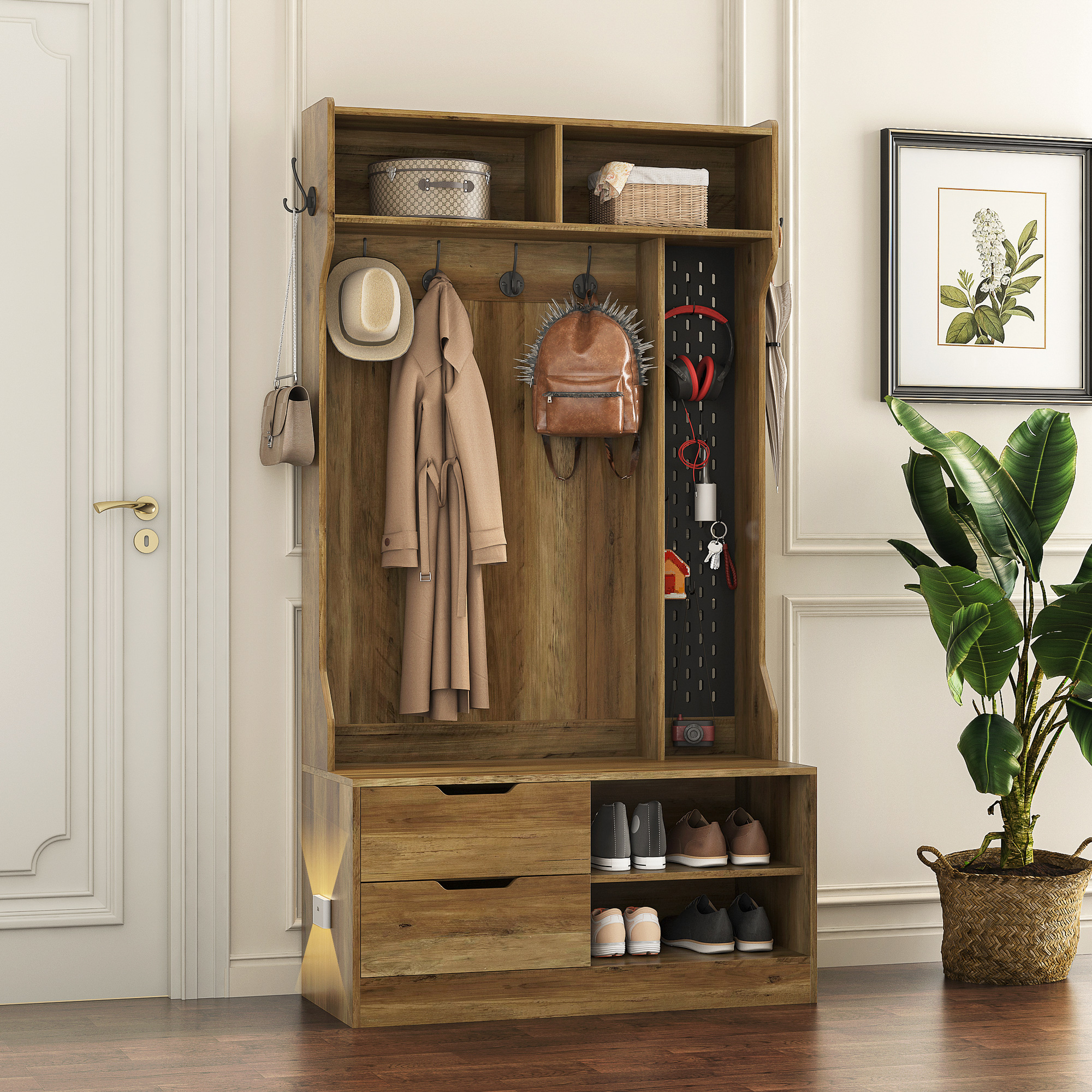 Hall Tree with 4 Hooks,Coat Hanger, Entryway Bench, Storage Bench,for Entrance, Hallwa,brown