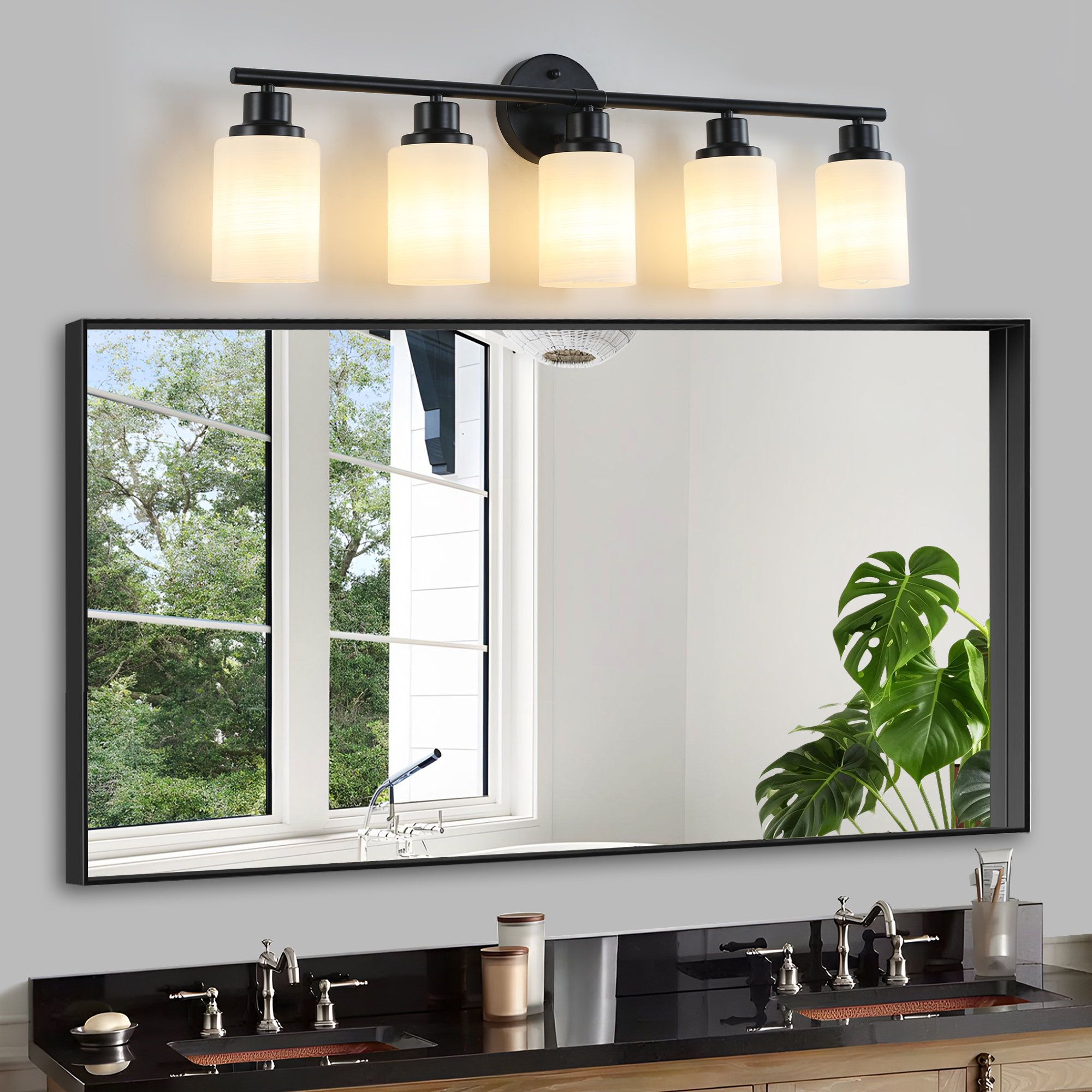 Modern 5-Light Vanity Bathroom Mirror Light, Frosted White Glass with Black Iron Frame, Contemporary Wall Sconce for Bedroom, Bathroom, And Dressing Room (Bulb Not Included)