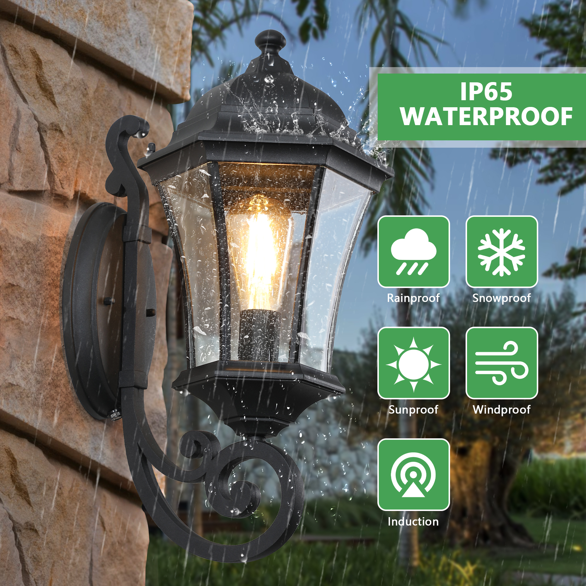 Outdoor Waterproof Glass Retro Wall Lamp Supports multiple types of light bulbs (2 pack) with light sense