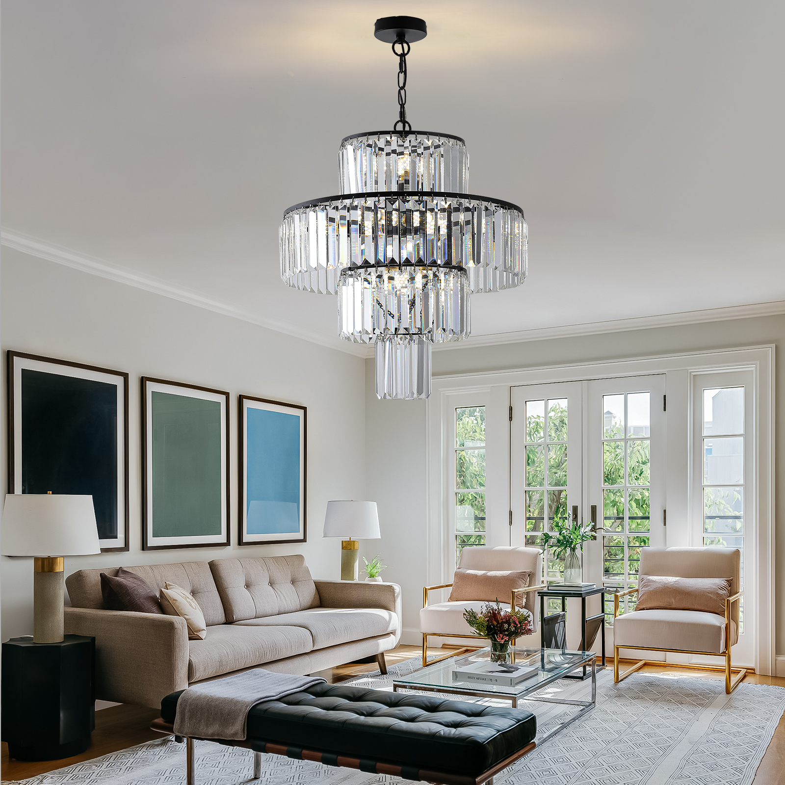 Black Luxury Crystal Chandelier Modern Chandeliers Lights Fixture Hanging Pendant Light Fixture for Dining Room Bedroom Living Room Dia 19.7 Inch-Black