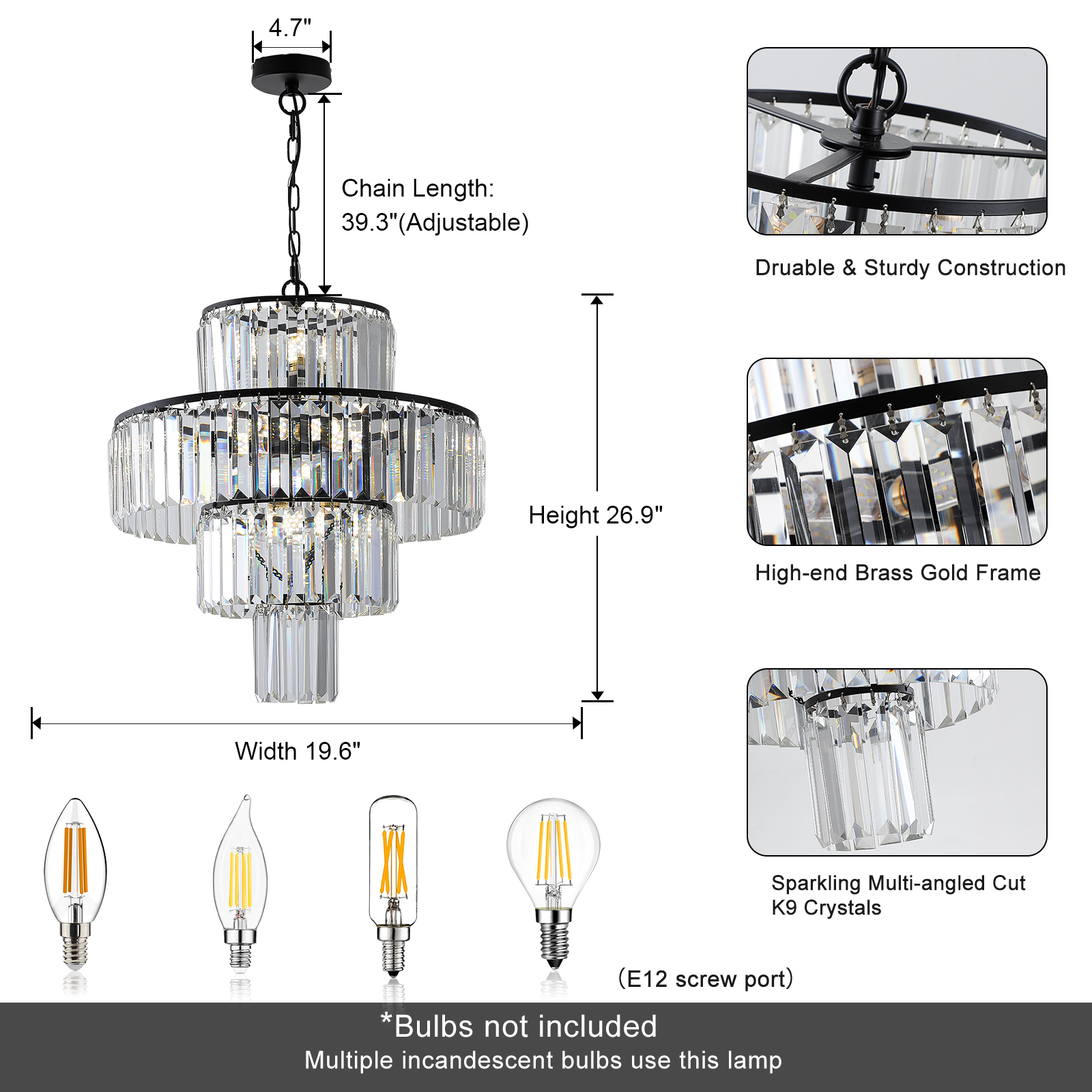 Black Luxury Crystal Chandelier Modern Chandeliers Lights Fixture Hanging Pendant Light Fixture for Dining Room Bedroom Living Room Dia 19.7 Inch-Black