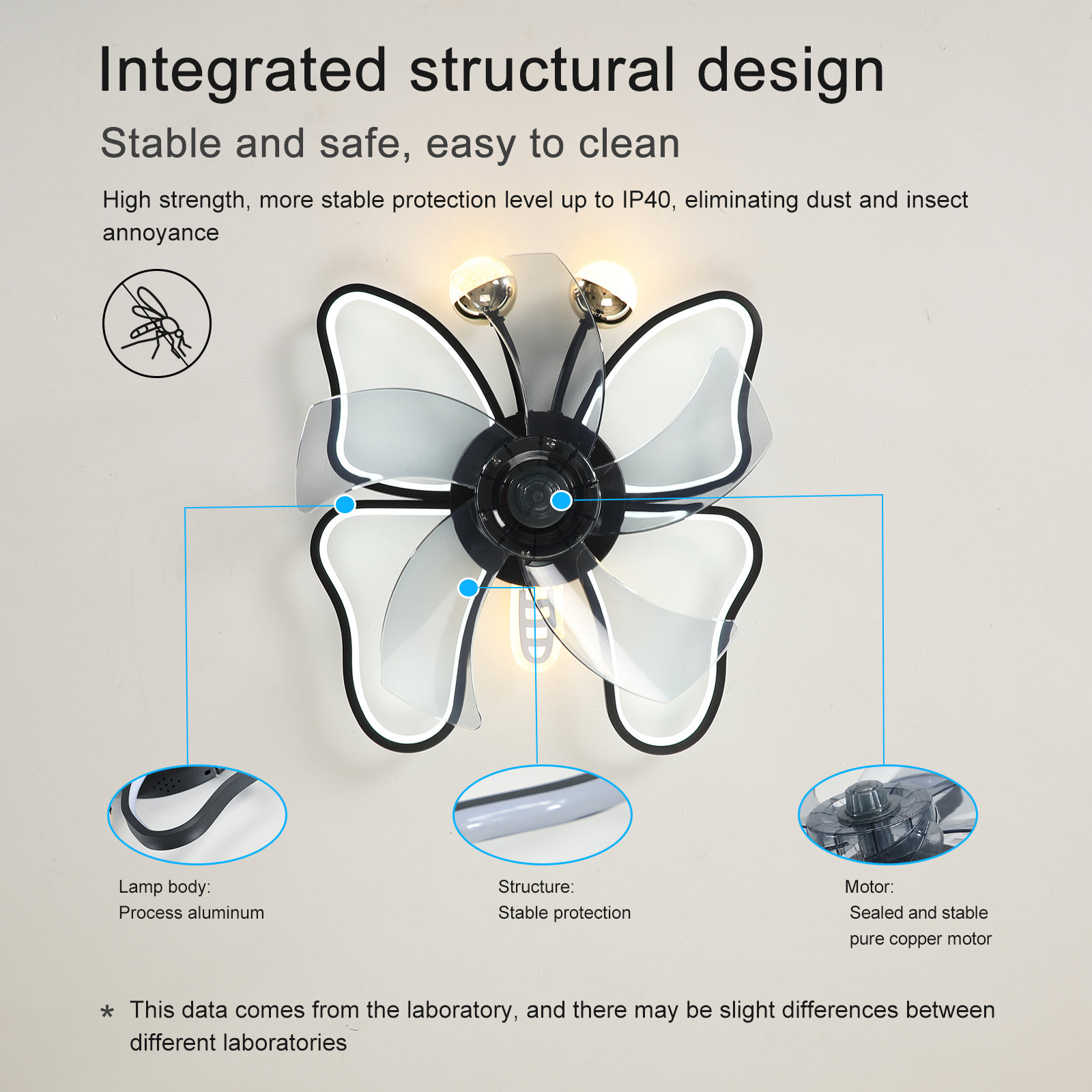 19.7 Inch Light Ceiling Fan with Lights Remote Control with Modern Butterfly Design Styling, Black, Fan for Bedroom, Living Room, Timing Function, Noiseless, Children's Favorite