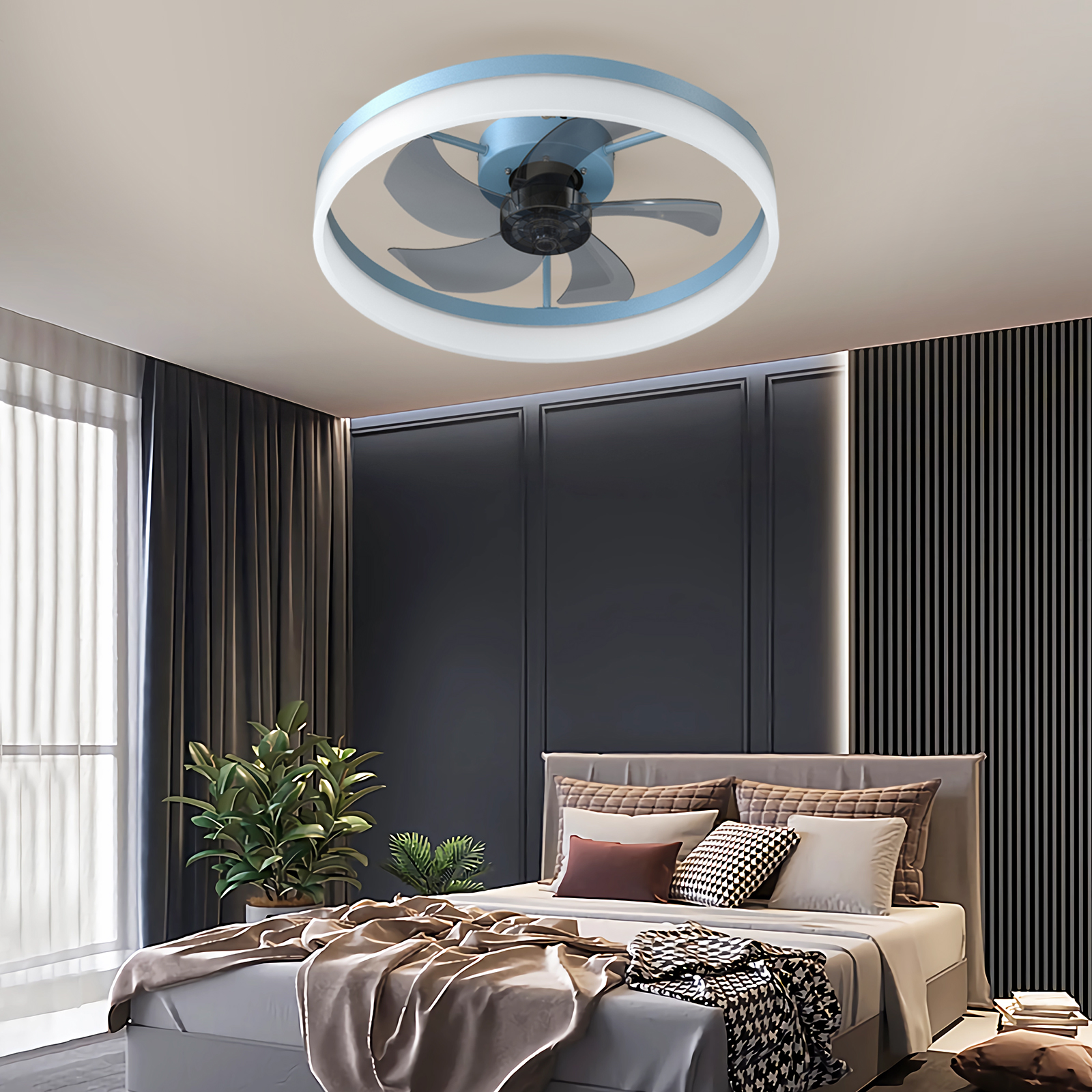 Ceiling Fans with Lights Dimmable LED Embedded installation of thin modern ceiling fans(Blue)