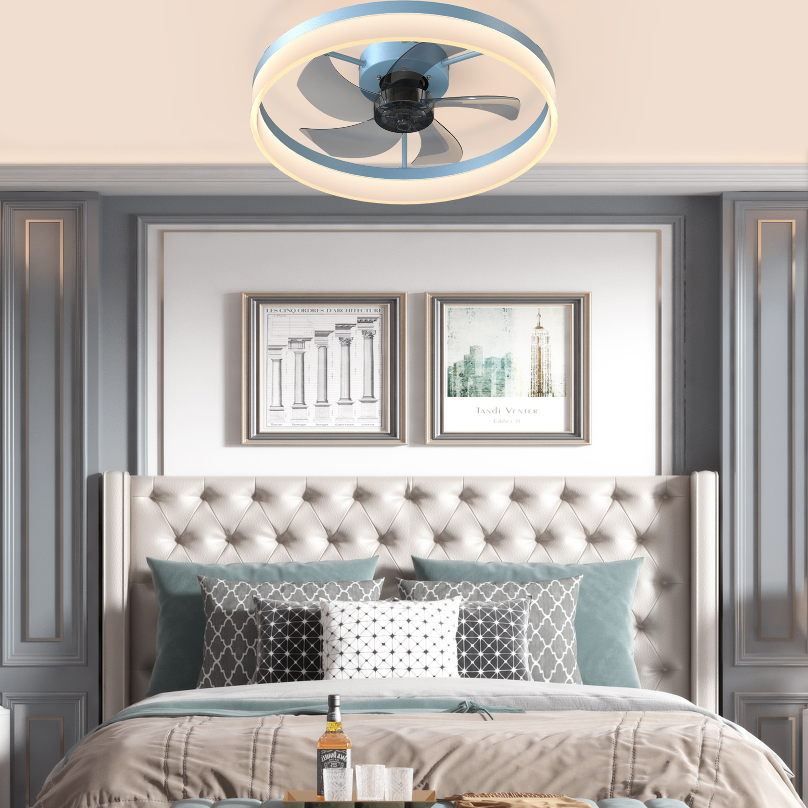 Ceiling Fans with Lights Dimmable LED Embedded installation of thin modern ceiling fans(Blue)