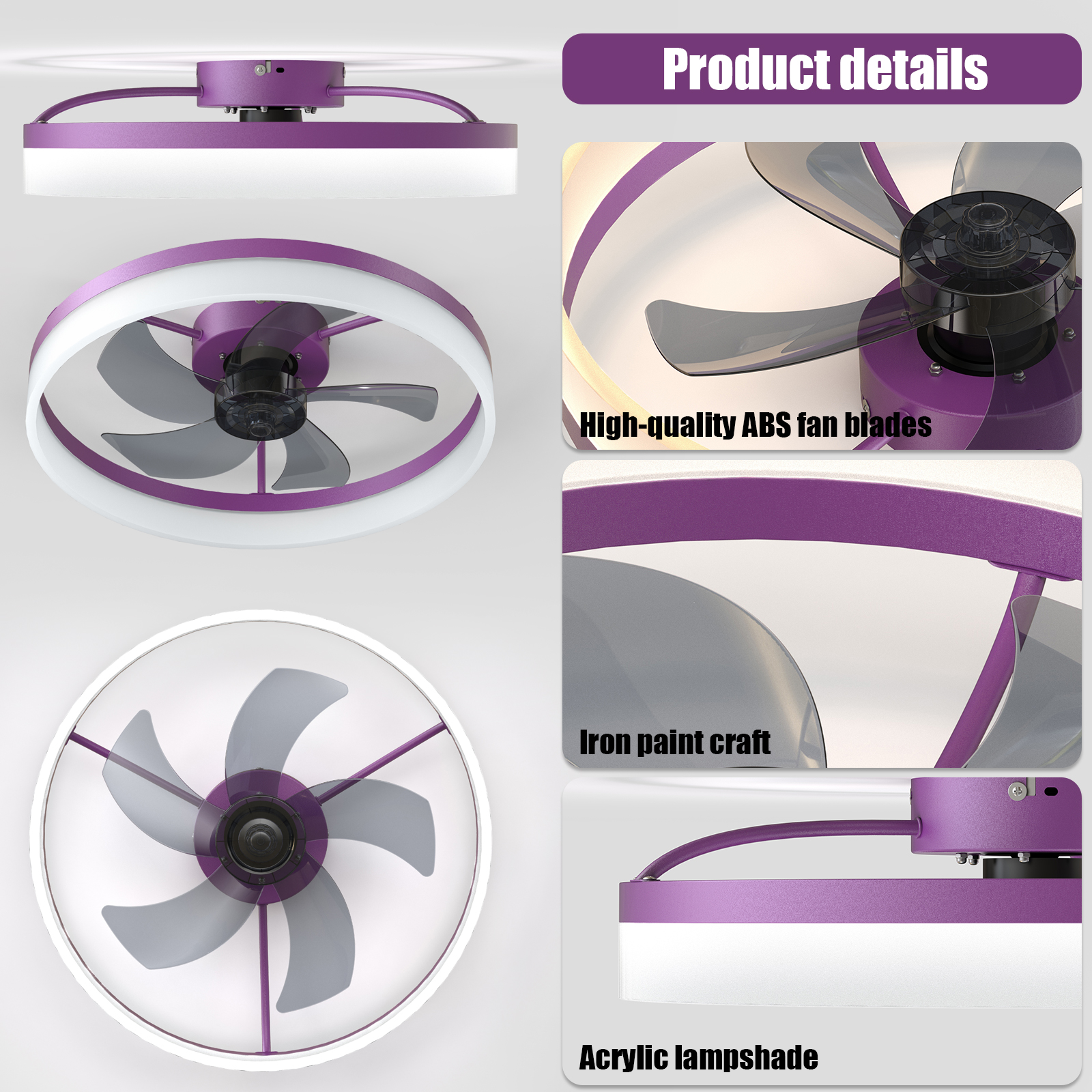 Ceiling Fans with Lights Dimmable LED Embedded installation of thin modern ceiling fans(Purple)