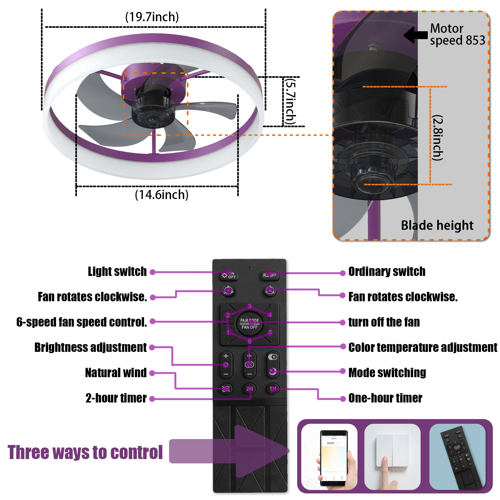 Ceiling Fans with Lights Dimmable LED Embedded installation of thin modern ceiling fans(Purple)