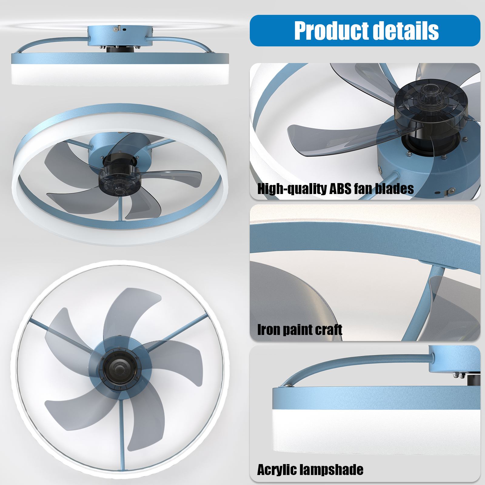 Ceiling Fans with Lights Dimmable LED Embedded installation of thin modern ceiling fans(Blue)