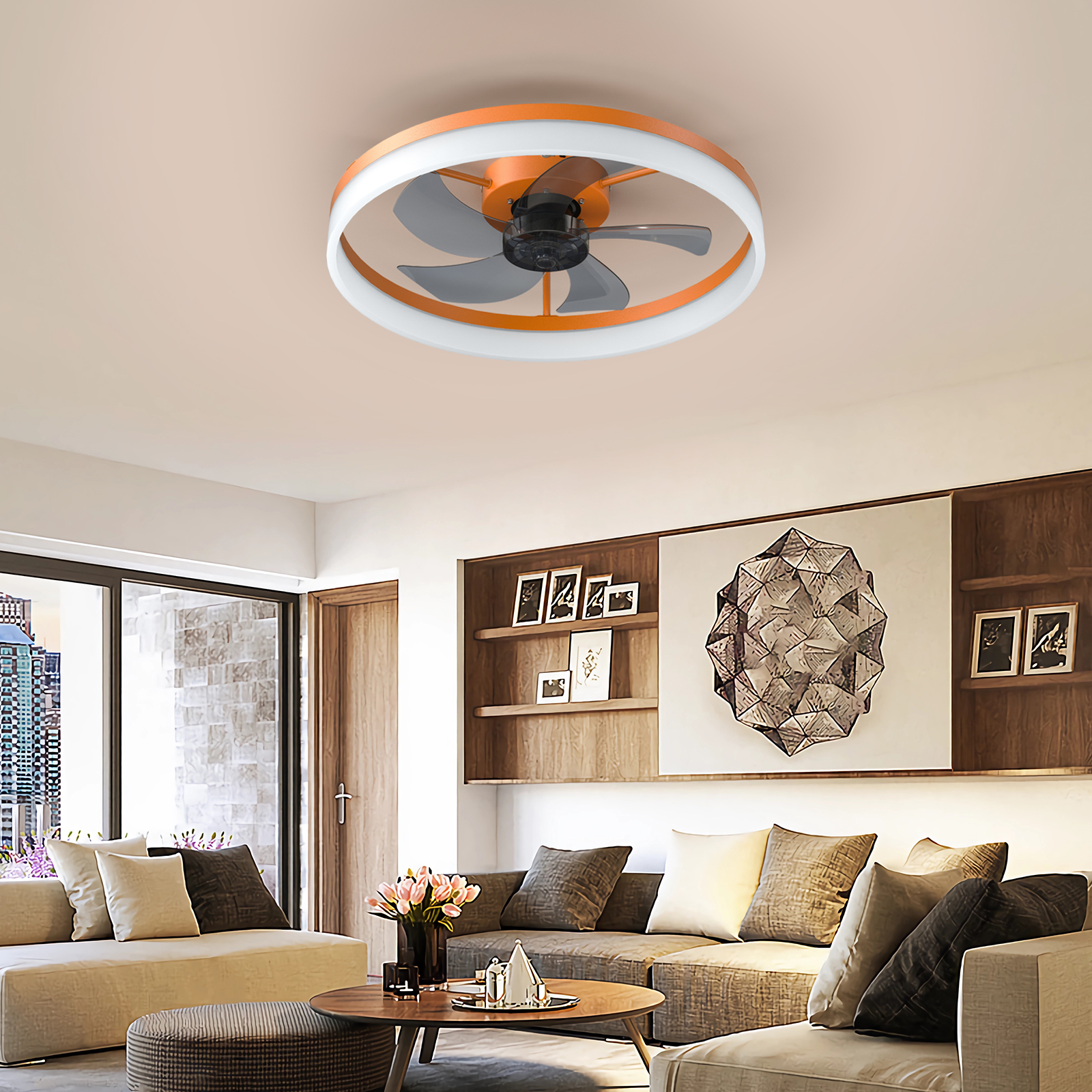 Ceiling Fans with Lights Dimmable LED Embedded installation of thin modern ceiling fans(Orange)