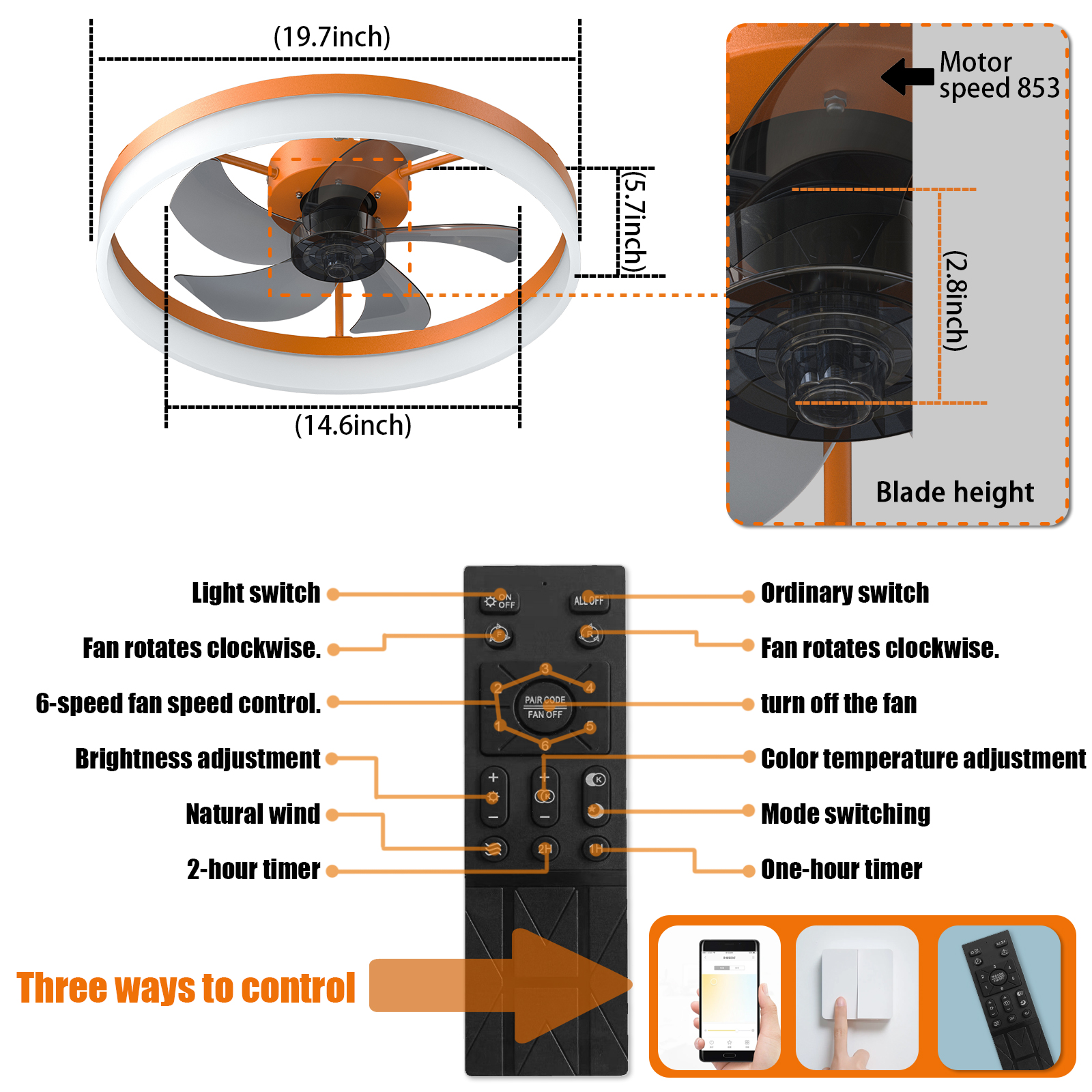 Ceiling Fans with Lights Dimmable LED Embedded installation of thin modern ceiling fans(Orange)