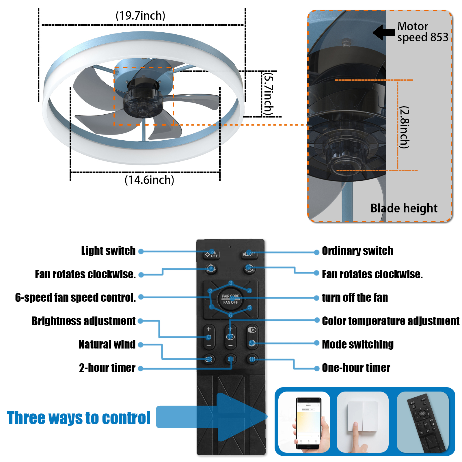 Ceiling Fans with Lights Dimmable LED Embedded installation of thin modern ceiling fans(Blue)