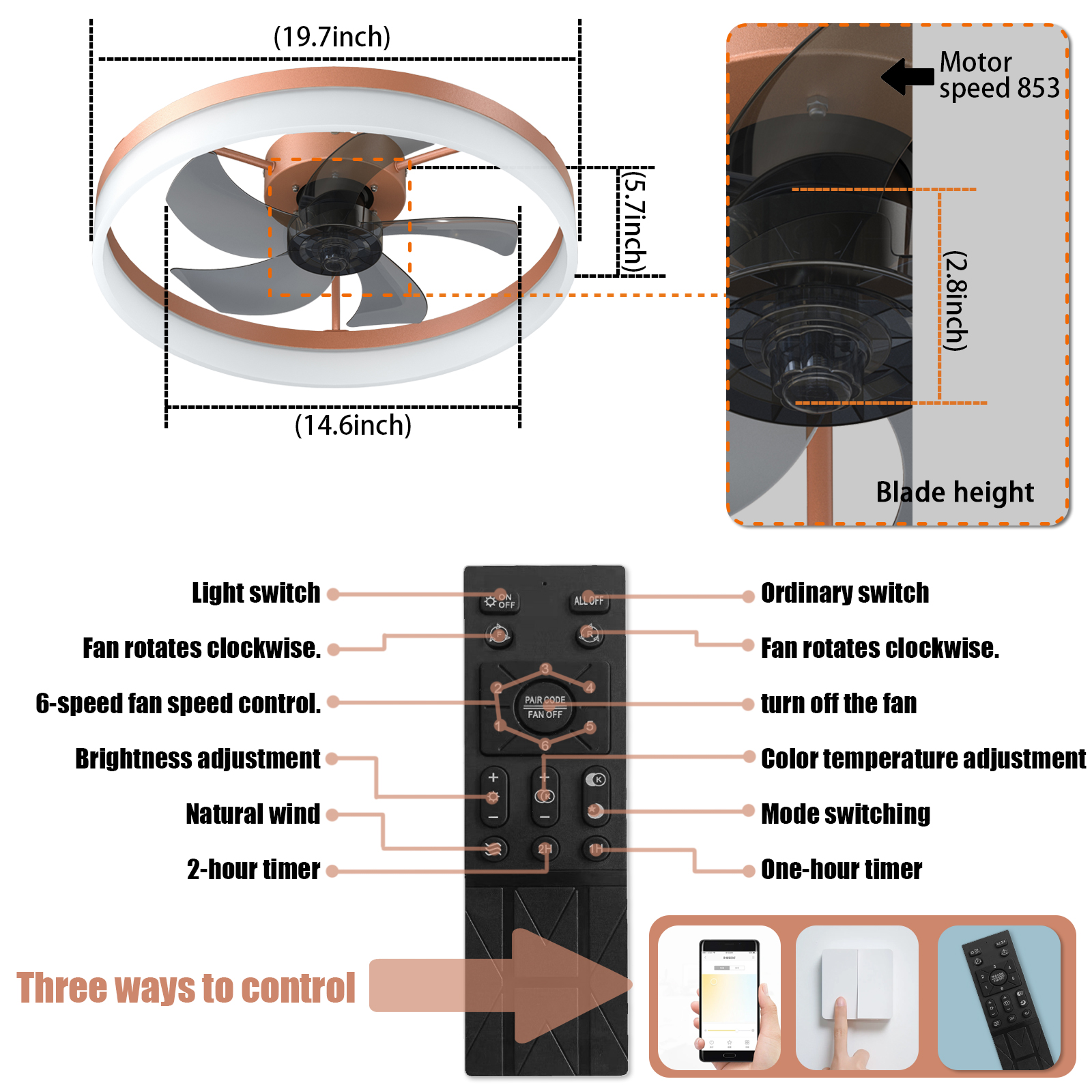 Ceiling Fans with Lights Dimmable LED Embedded installation of thin modern ceiling fans(Rose Gold)