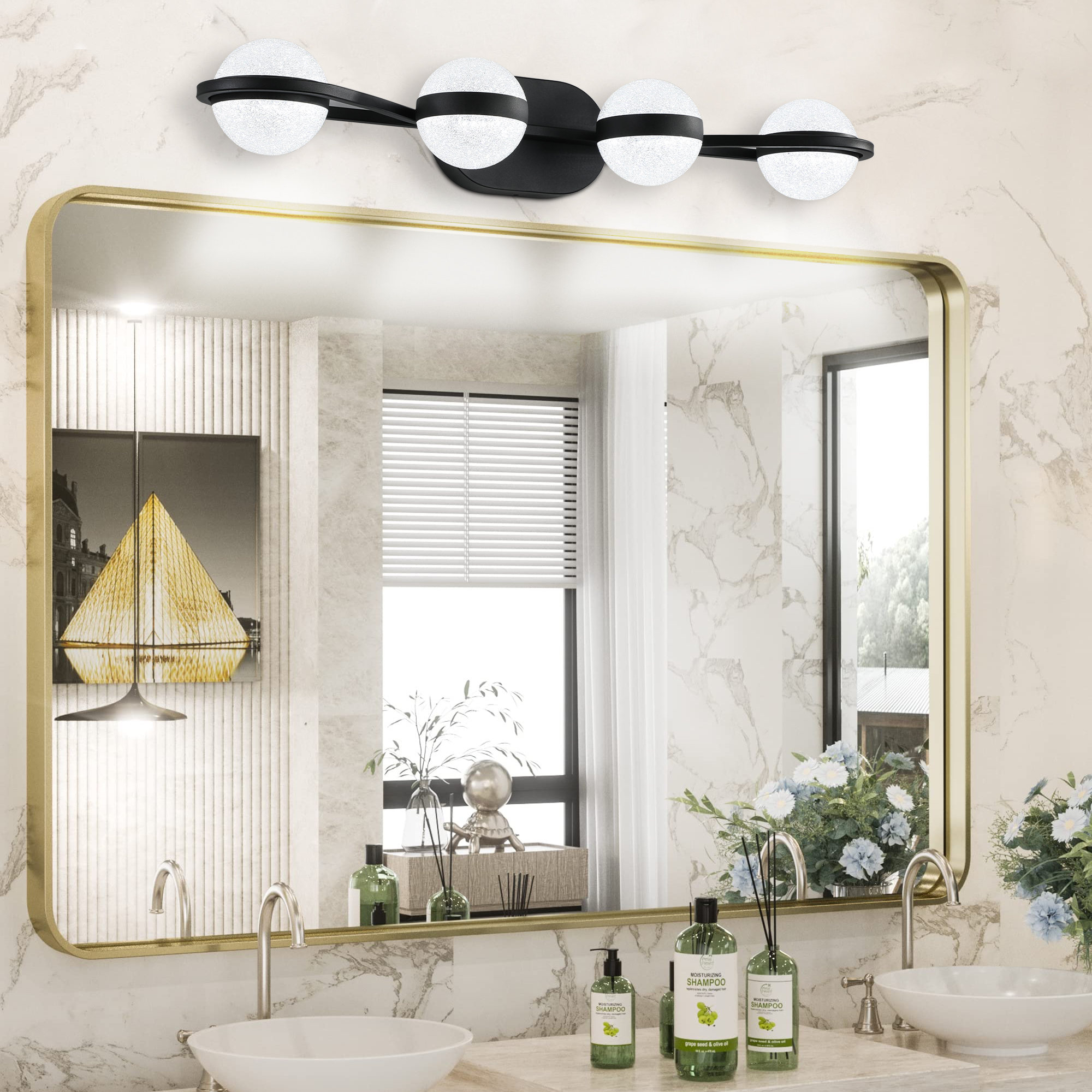 Modern Minimalist Bathroom Vanity Light, LED 4 Bulb Frosted Glass Shades, Wall Mounted Decorative Lighting Fixture, Suitable for Bathroom Vanity Mirror (Black)