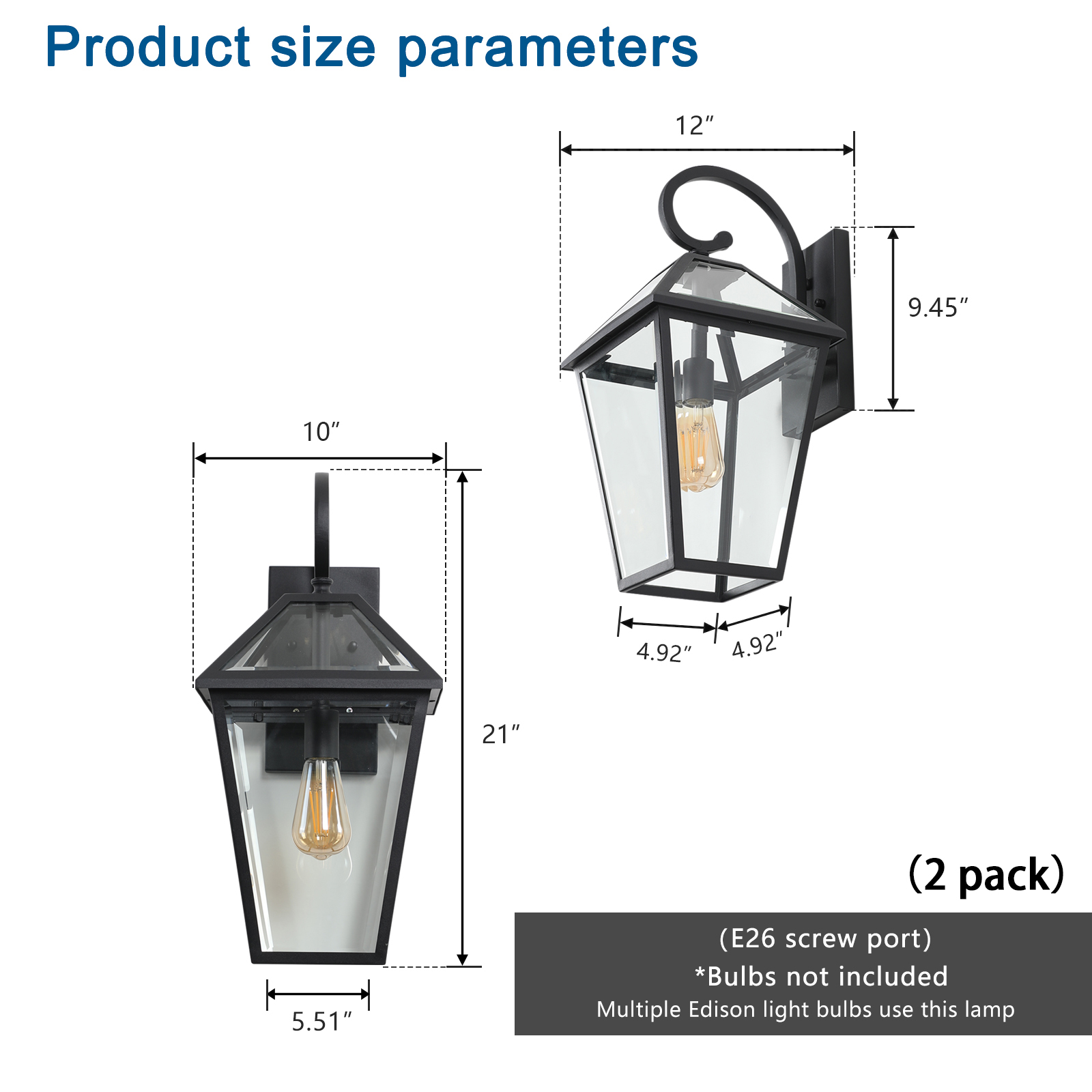 Modern Outdoor Waterproof Wall Lamp Supports multiple types of light bulbs (2pack)