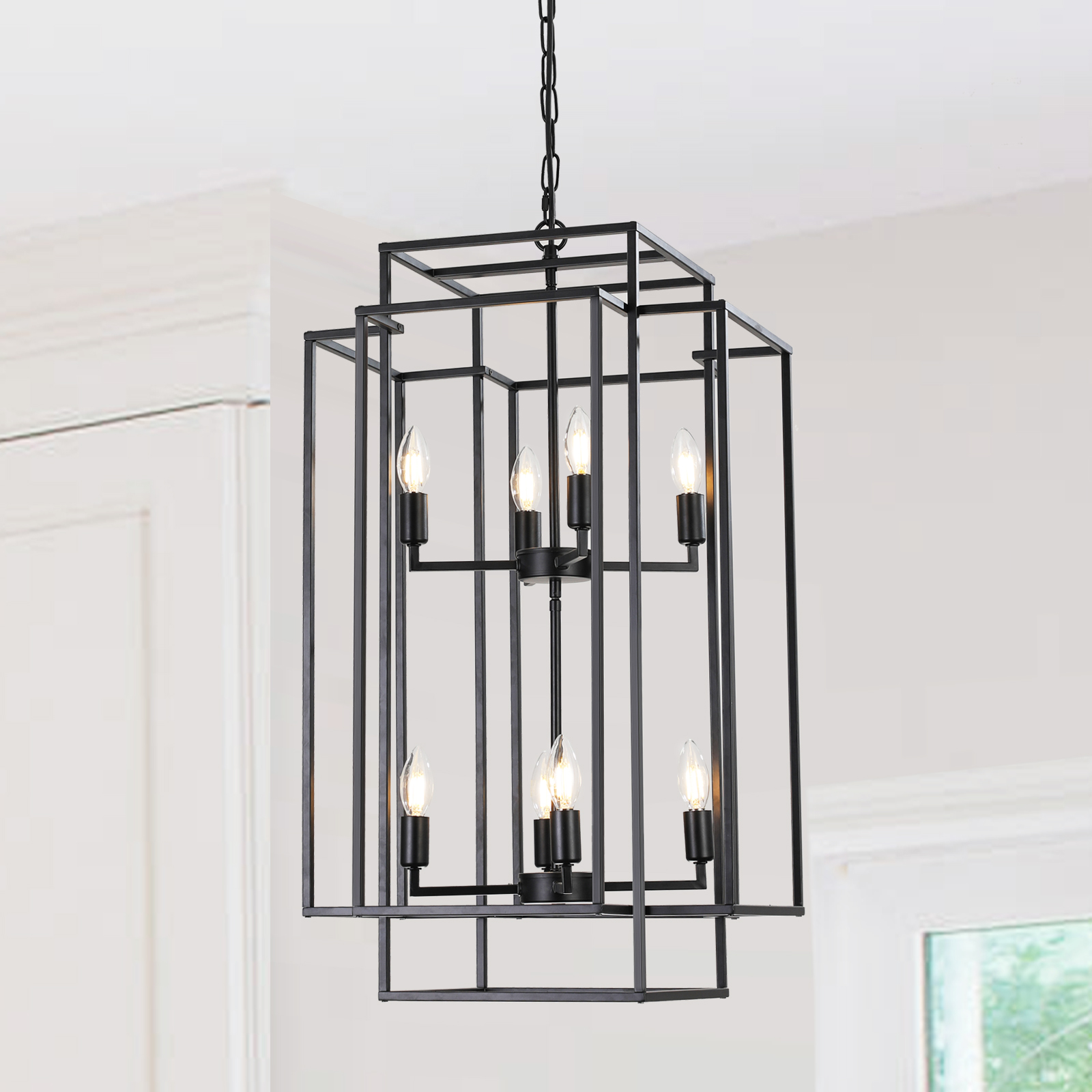 (Same as W1340142527/L1018-B) 8-Lights Black Lantern Tiered Pendant Light Fixtures, Industrial Farmhouse Hanging Chandelier (No Bulbs)