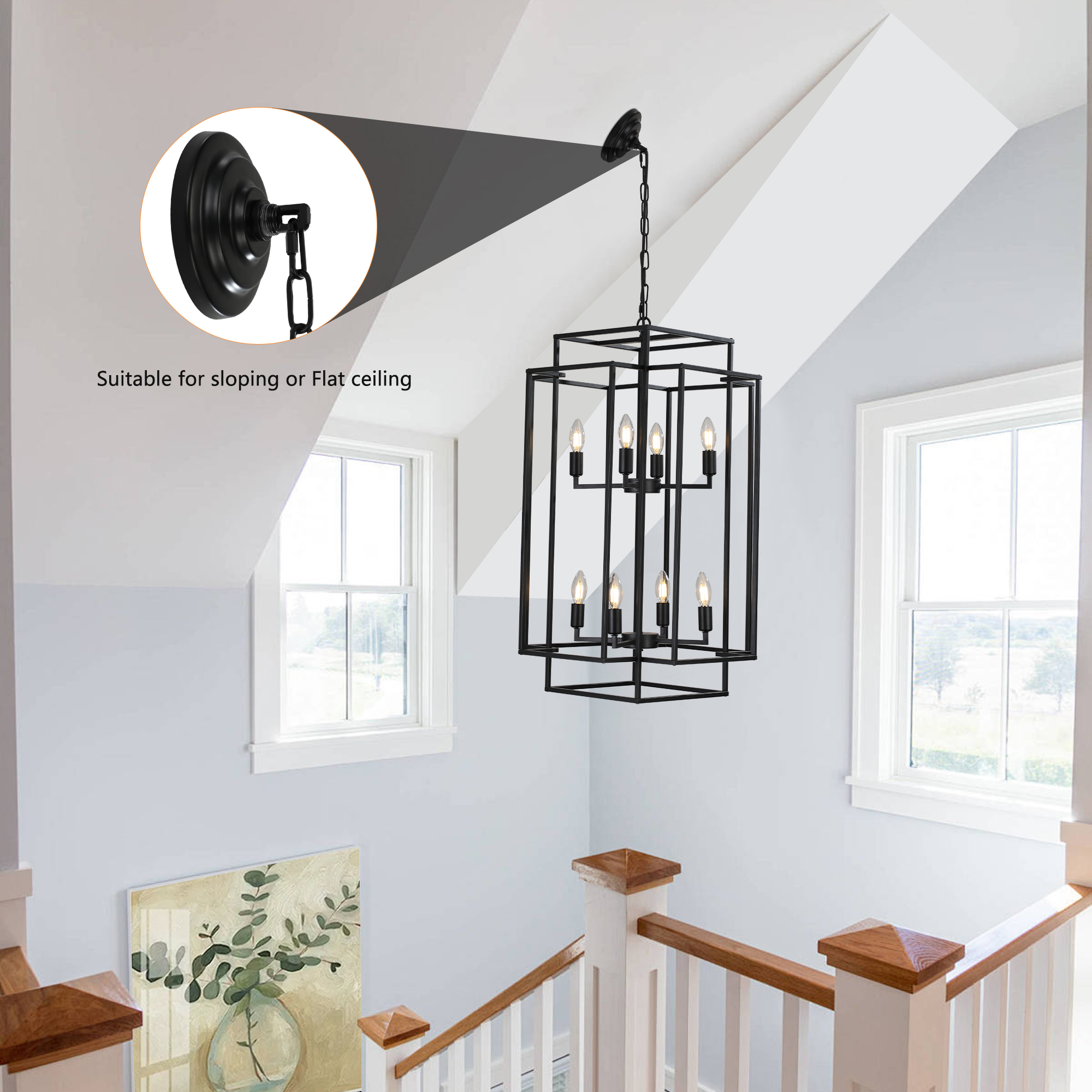 (Same as W1340142527/L1018-B) 8-Lights Black Lantern Tiered Pendant Light Fixtures, Industrial Farmhouse Hanging Chandelier (No Bulbs)