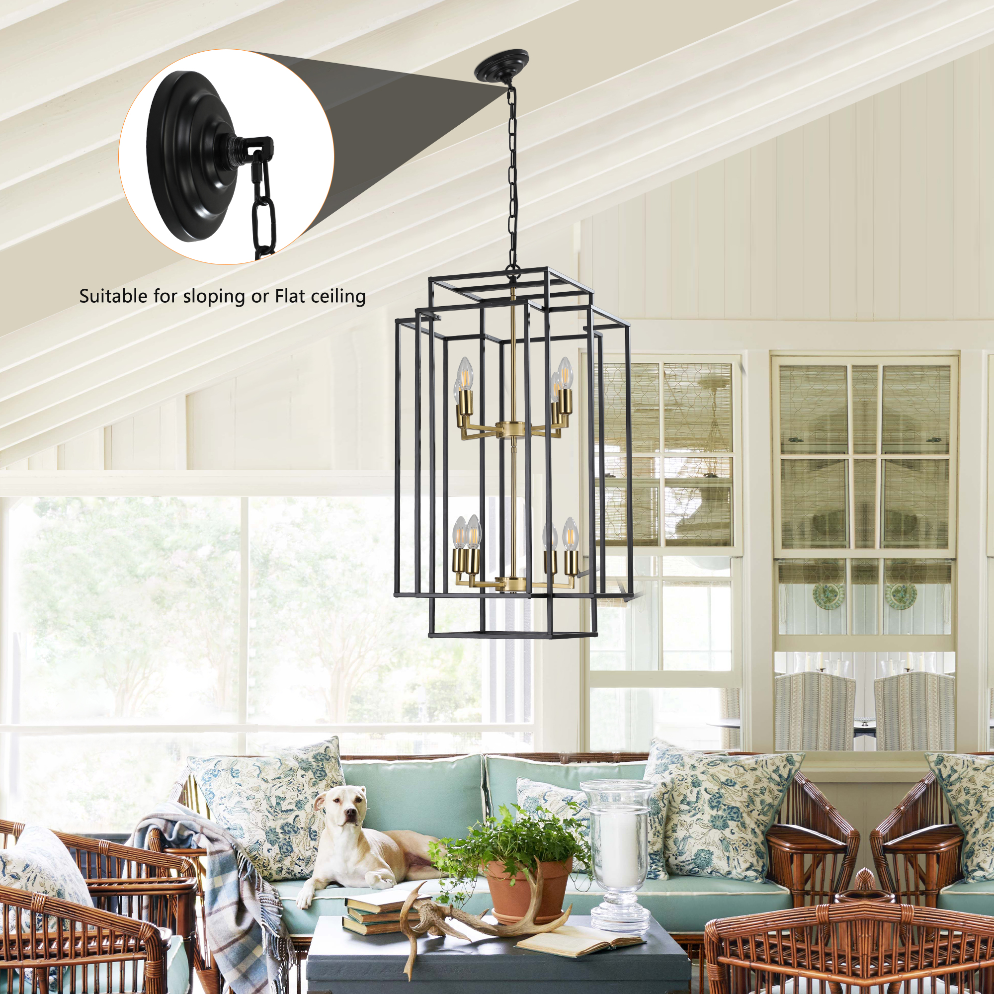 (Same as W1340142524/L1018-G) 8-Lights Black & Gold Lantern Tiered Pendant Light Fixtures, Industrial Farmhouse Hanging Chandelier (No Bulbs)