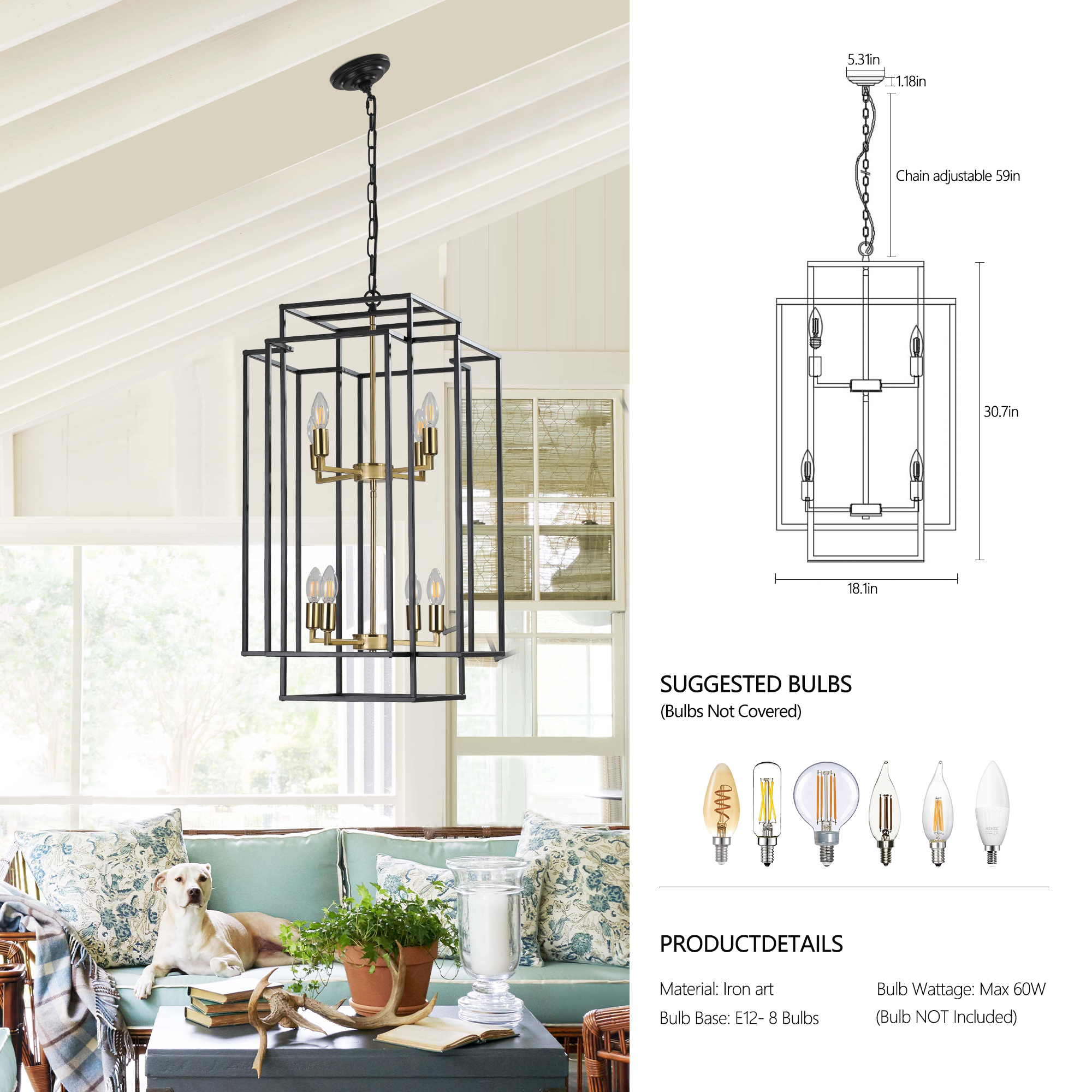 (Same as W1340142524/L1018-G) 8-Lights Black & Gold Lantern Tiered Pendant Light Fixtures, Industrial Farmhouse Hanging Chandelier (No Bulbs)