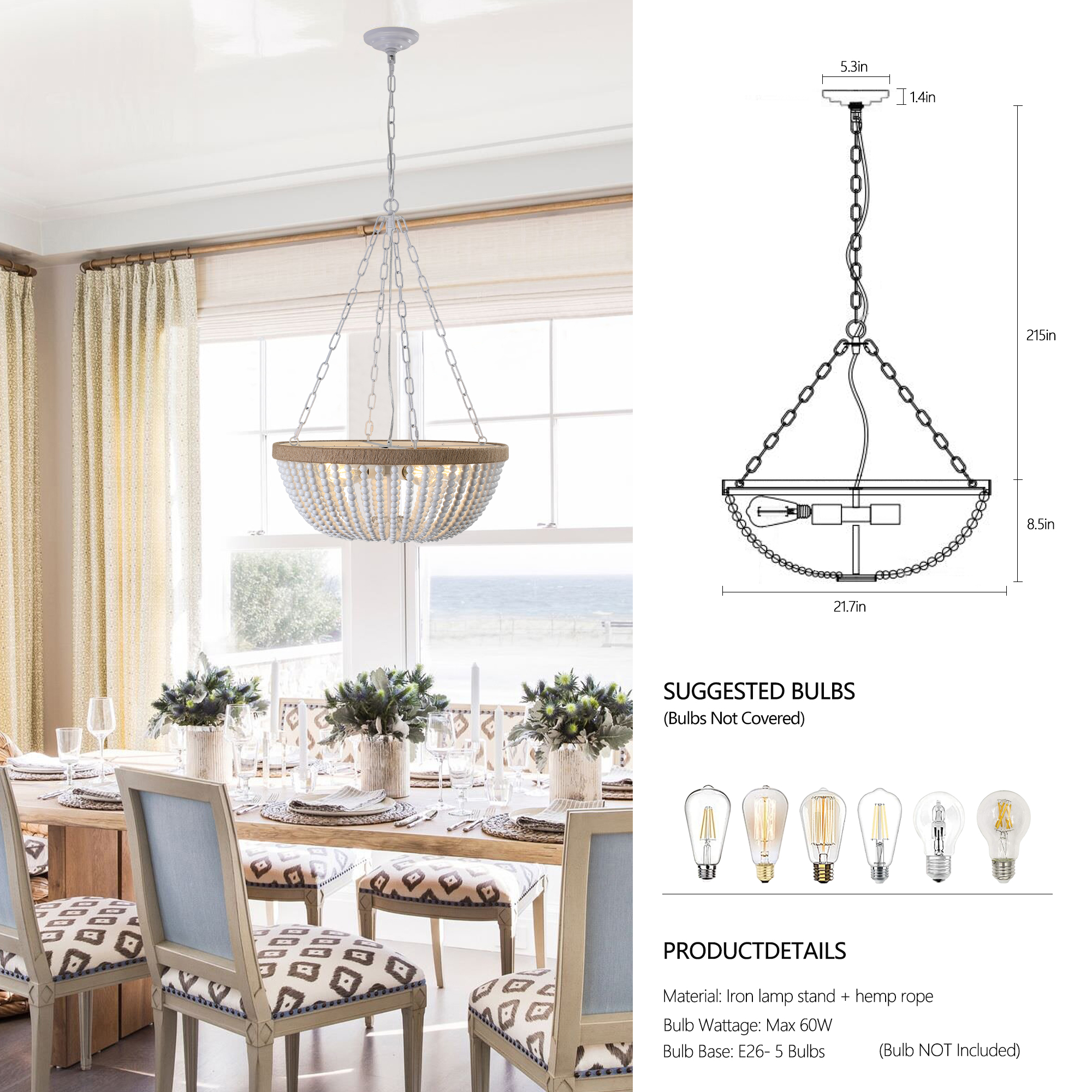 Bohemian style Wood Beaded Chandelier Oak White