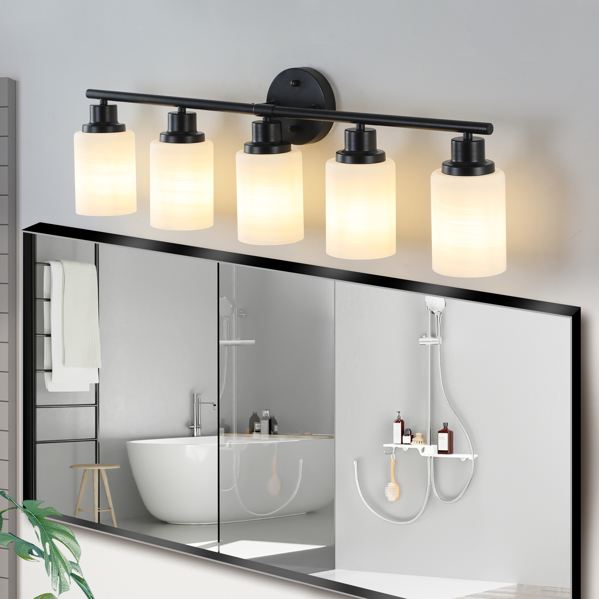 Modern 5-Light Vanity Bathroom Mirror Light, Frosted White Glass with Black Iron Frame, Contemporary Wall Sconce for Bedroom, Bathroom, And Dressing Room (Bulb Not Included)