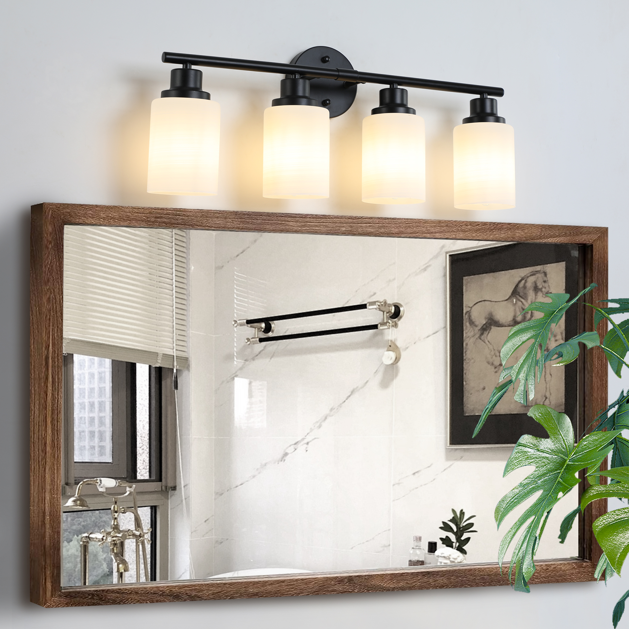 Modern 4-Light Vanity Bathroom Mirror Light, Frosted White Glass with Black Iron Frame, Contemporary Wall Sconce for Bedroom, Bathroom, And Dressing Room (Bulb Not Included)