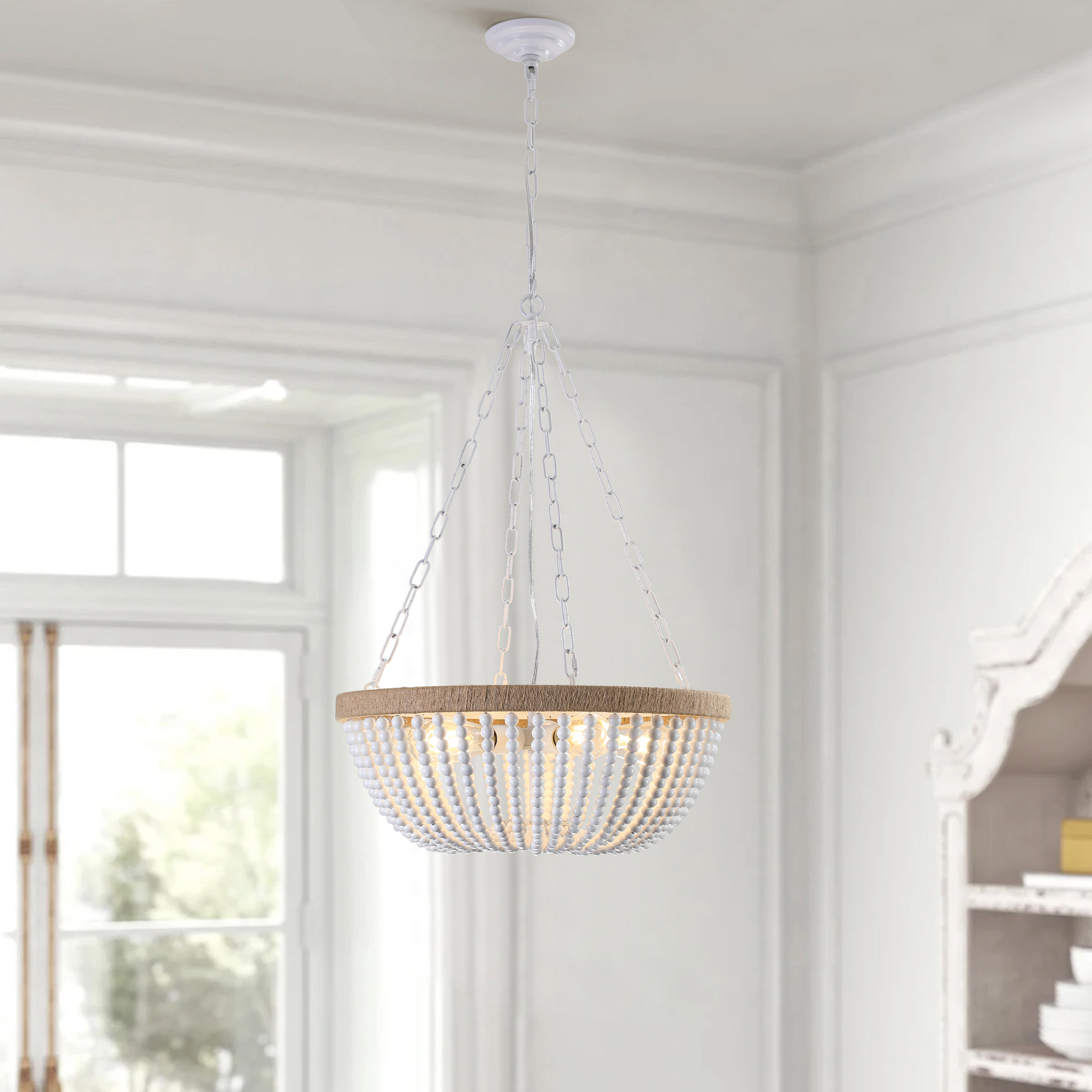 Bohemian style Wood Beaded Chandelier Oak White