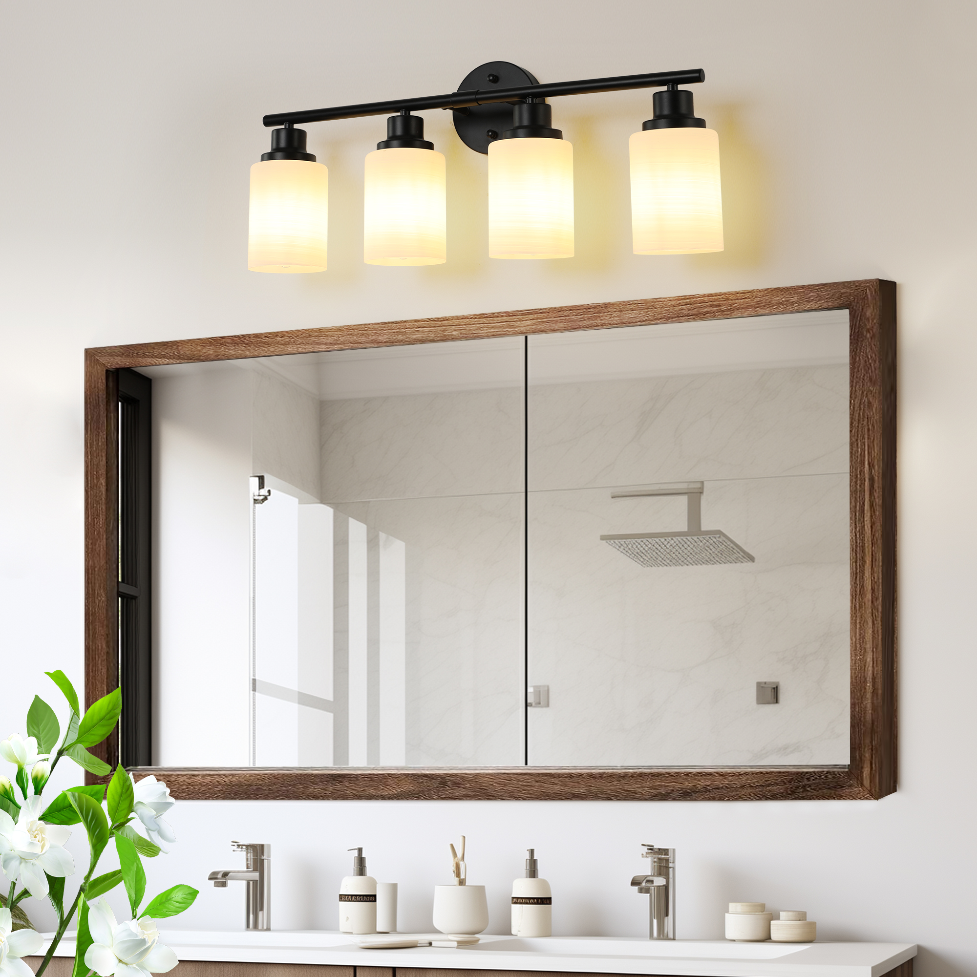 Modern 4-Light Vanity Bathroom Mirror Light, Frosted White Glass with Black Iron Frame, Contemporary Wall Sconce for Bedroom, Bathroom, And Dressing Room (Bulb Not Included)