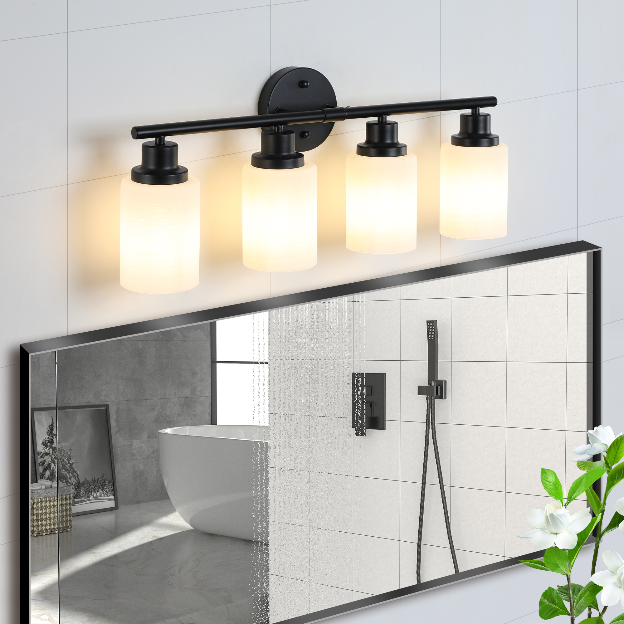 Modern 4-Light Vanity Bathroom Mirror Light, Frosted White Glass with Black Iron Frame, Contemporary Wall Sconce for Bedroom, Bathroom, And Dressing Room (Bulb Not Included)