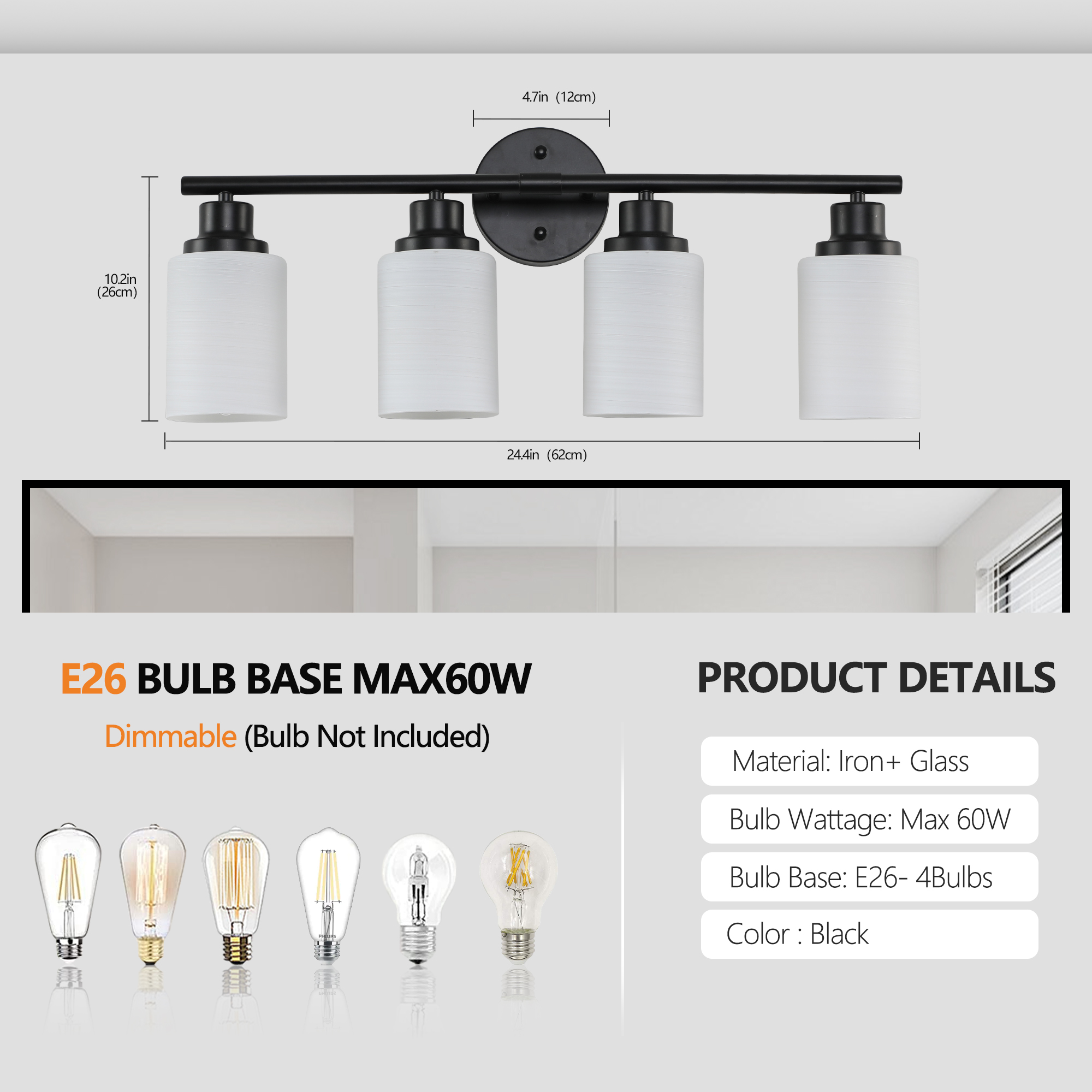 Modern 4-Light Vanity Bathroom Mirror Light, Frosted White Glass with Black Iron Frame, Contemporary Wall Sconce for Bedroom, Bathroom, And Dressing Room (Bulb Not Included)