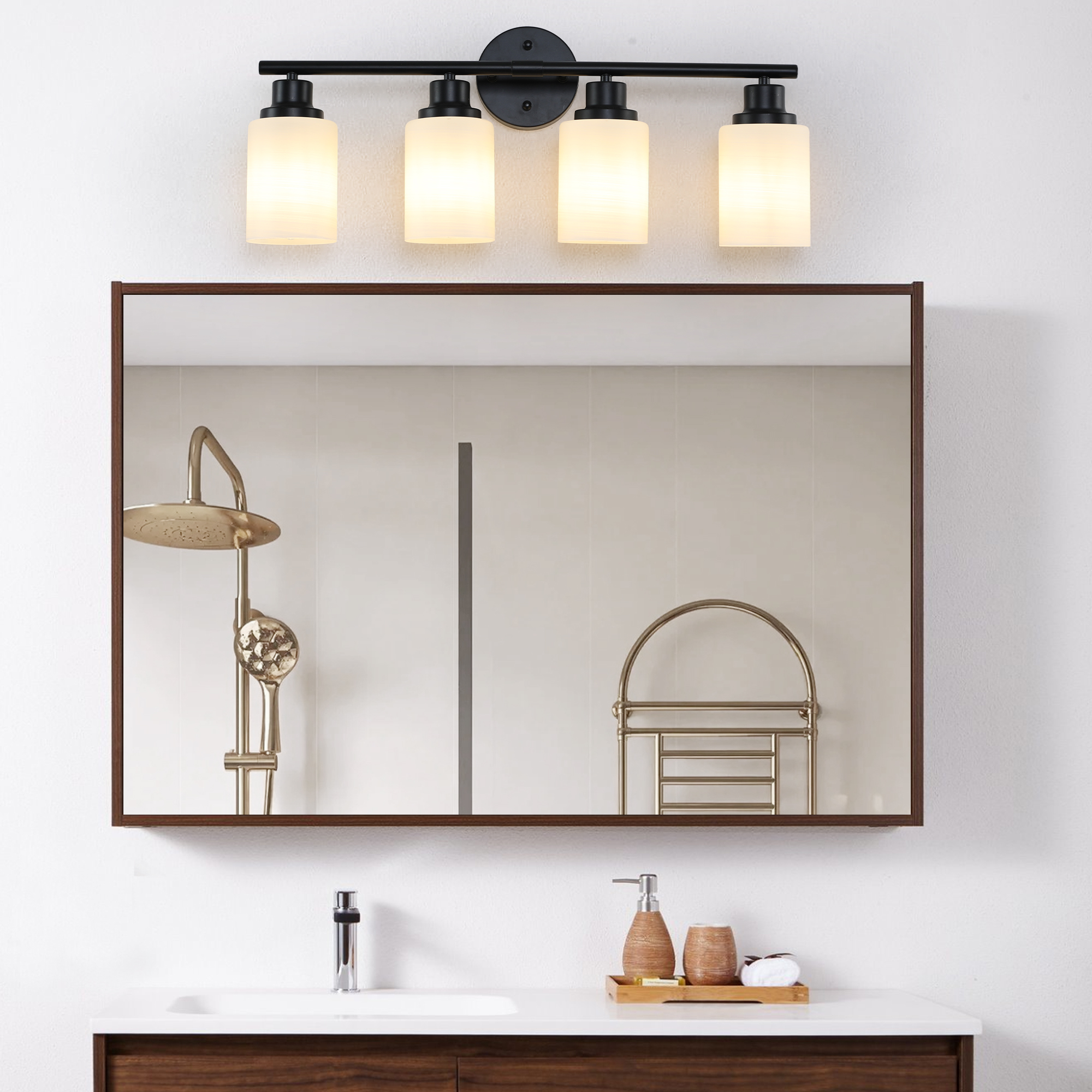 Modern 4-Light Vanity Bathroom Mirror Light, Frosted White Glass with Black Iron Frame, Contemporary Wall Sconce for Bedroom, Bathroom, And Dressing Room (Bulb Not Included)