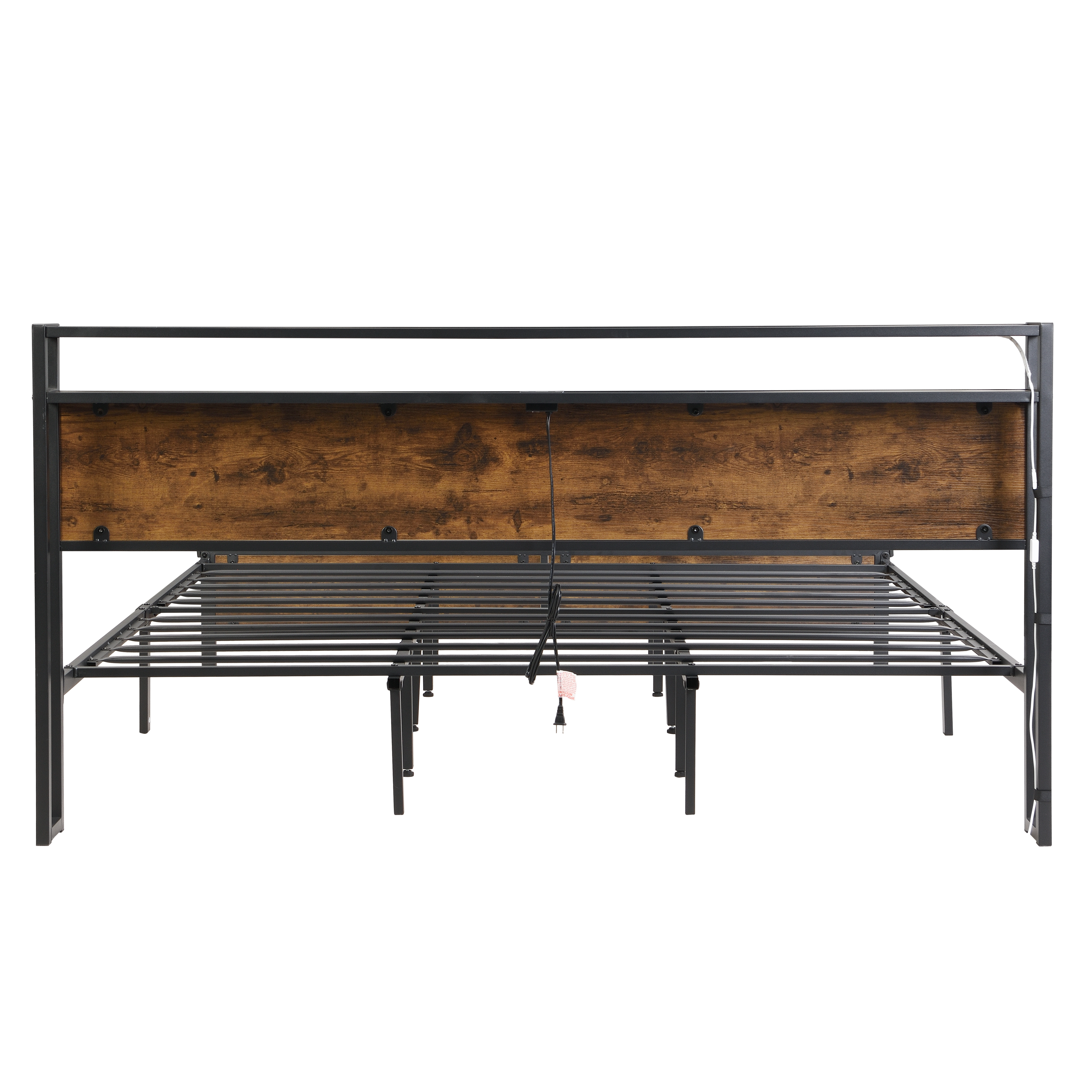 Industrial King Bed Frame with LED Lights and 2 USB Ports, Bed Frame King Size with Storage, Noise Free, No Box Spring Needed, Rustic Brown