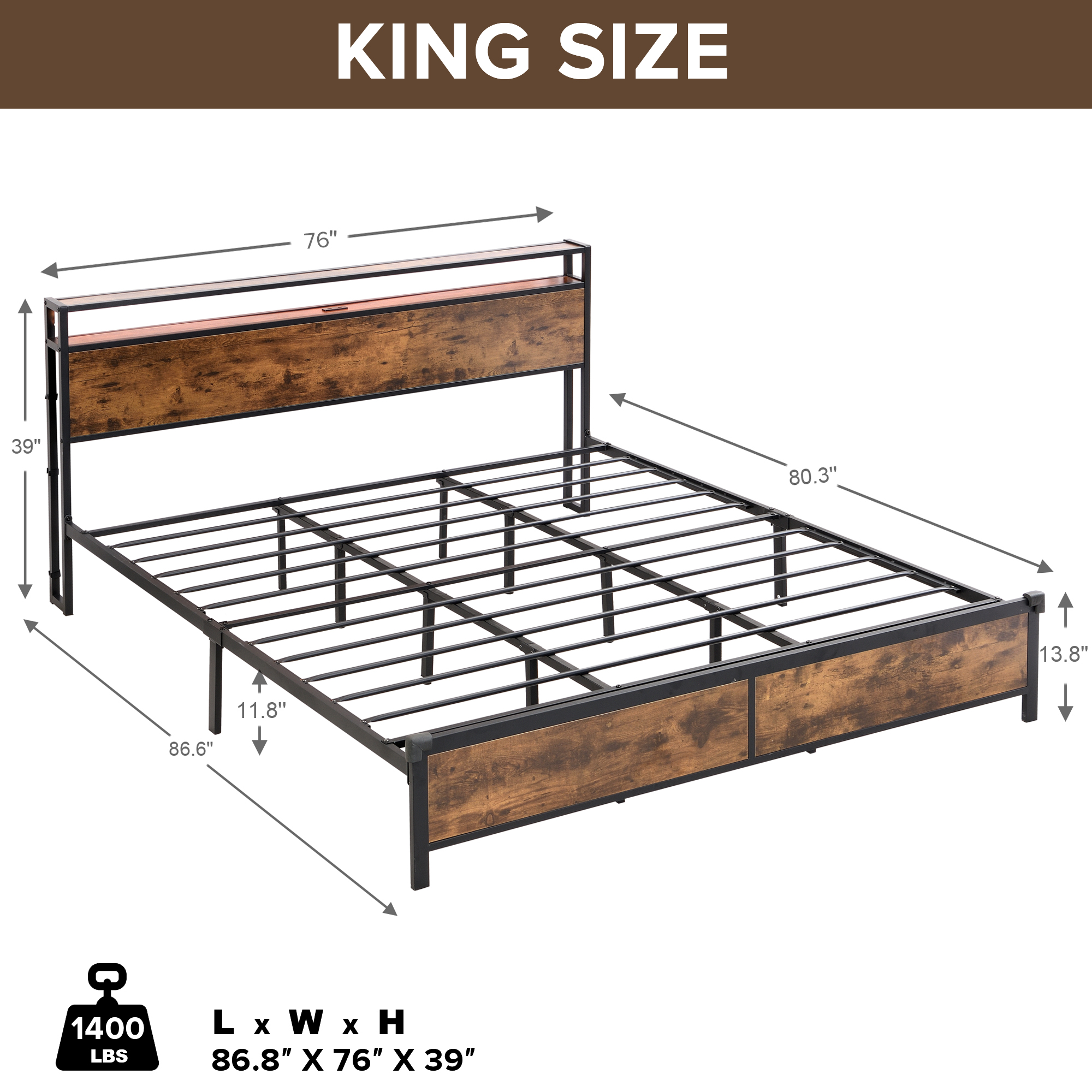 Industrial King Bed Frame with LED Lights and 2 USB Ports, Bed Frame King Size with Storage, Noise Free, No Box Spring Needed, Rustic Brown