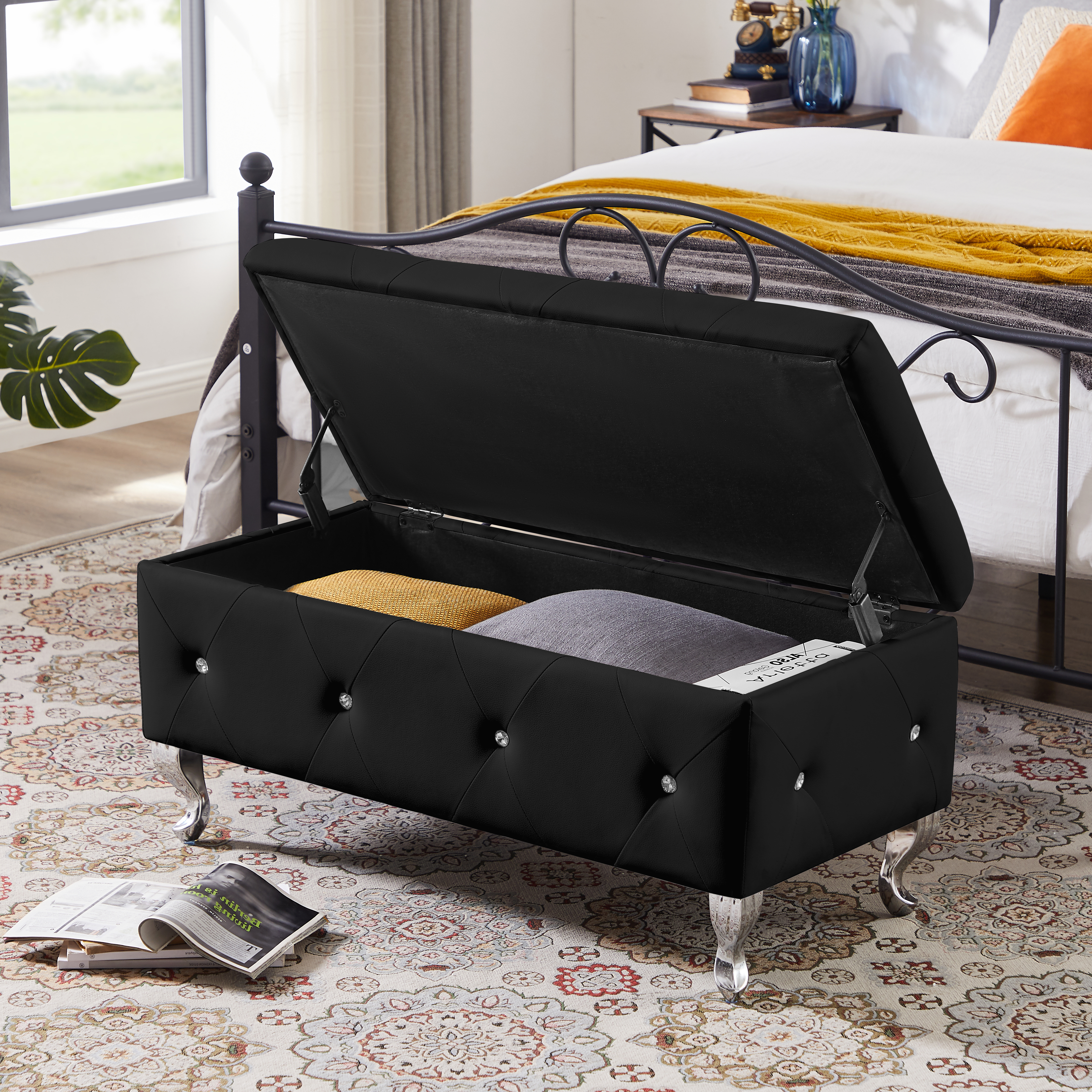 Storage Bench Upholstered Ottoman Bench Entryway Bench Seat with Metal Legs