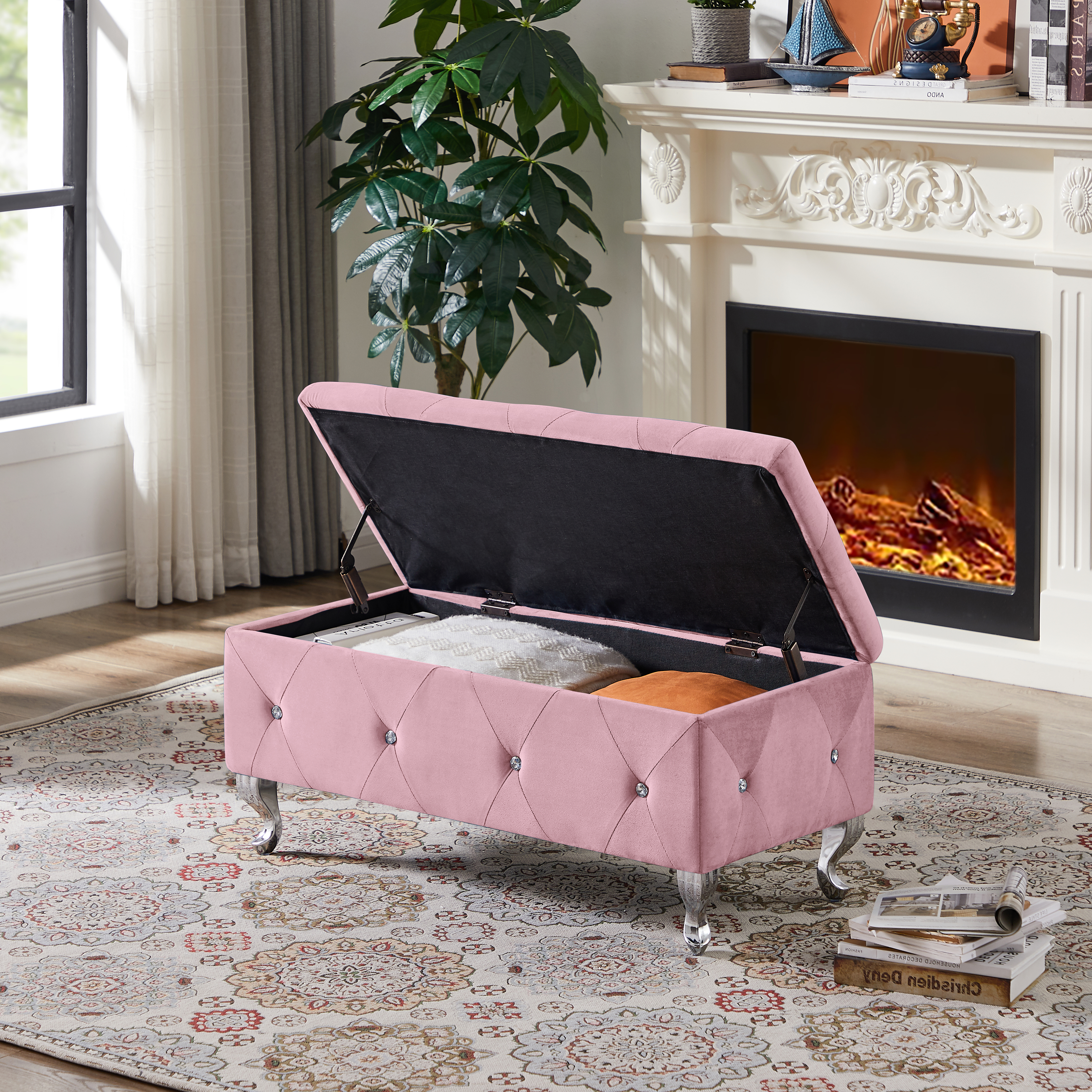 Storage Bench Upholstered Ottoman Bench Entryway Bench Seat with Metal Legs