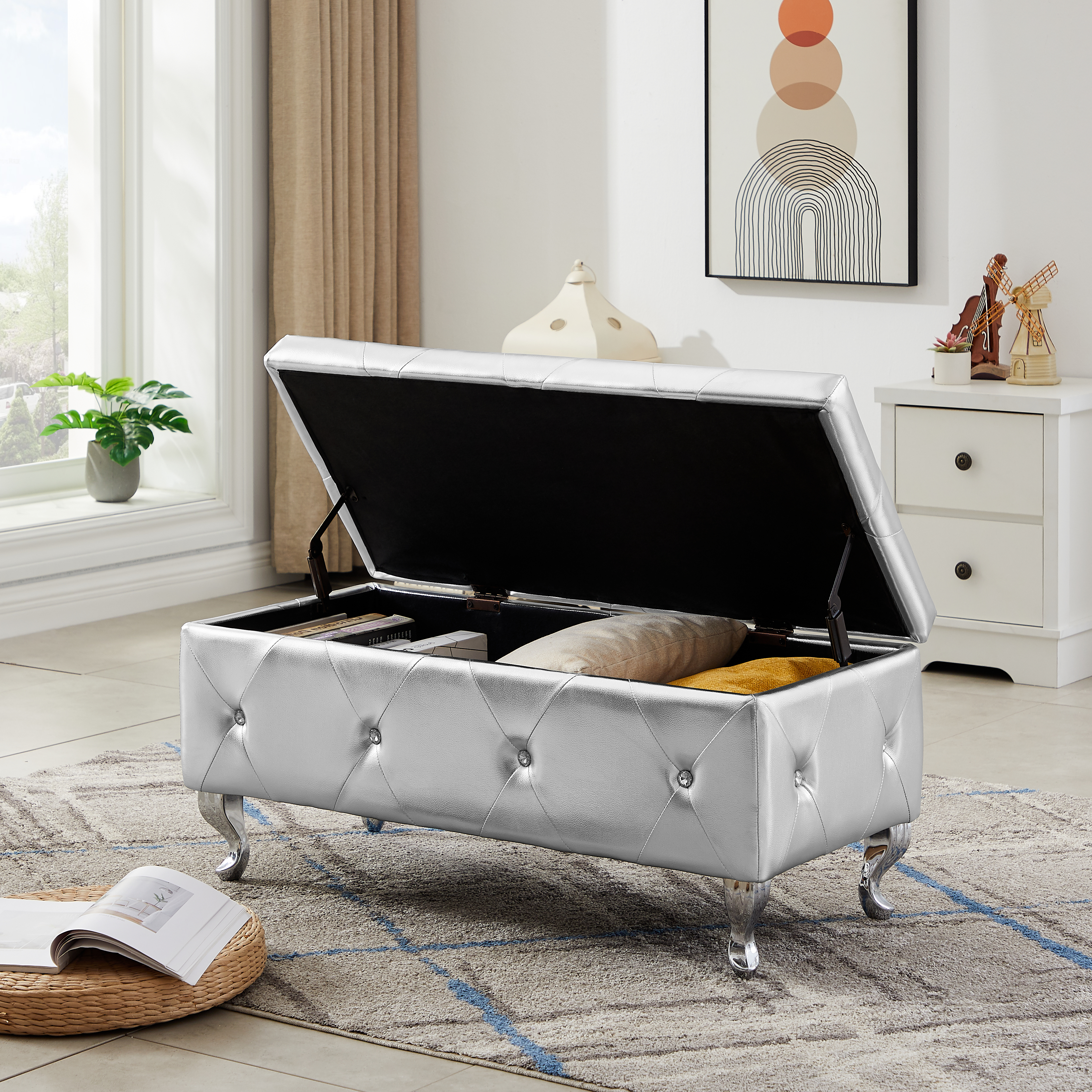 Storage Bench Upholstered Ottoman Bench Entryway Bench Seat with Metal Legs