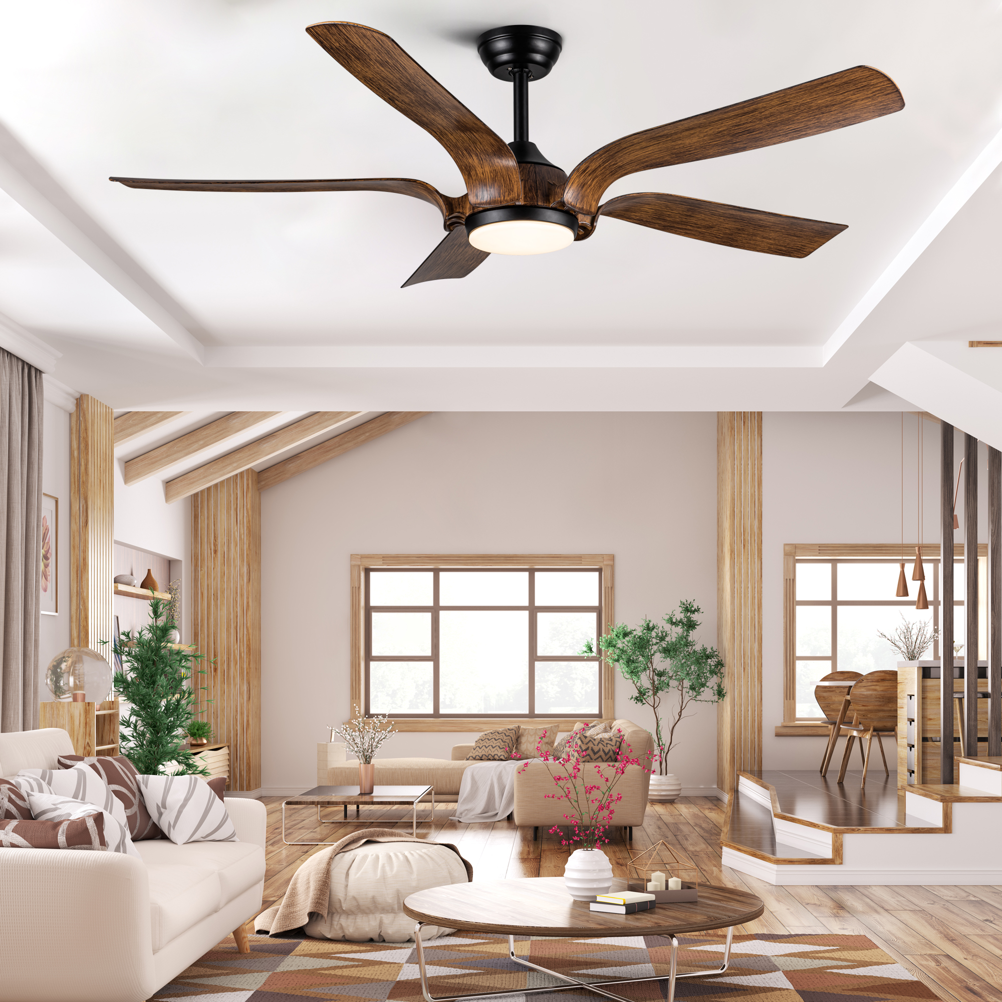 Smart 56" Integrated LED Ceiling Fan with  Antique Brown Blades in Matte Black Fan Body Finish