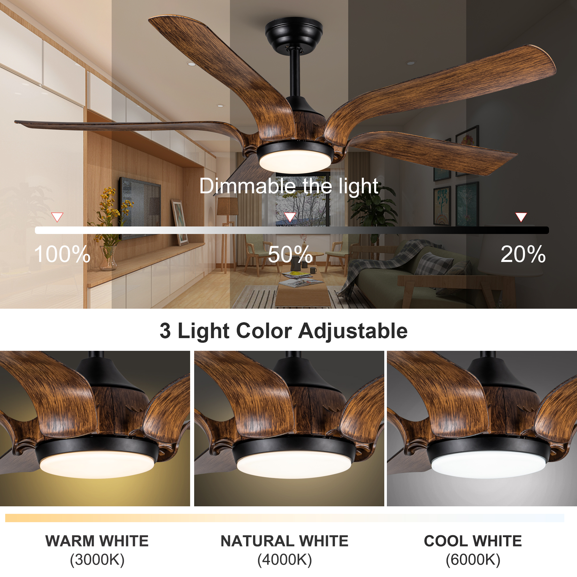 Smart 56" Integrated LED Ceiling Fan with  Antique Brown Blades in Matte Black Fan Body Finish