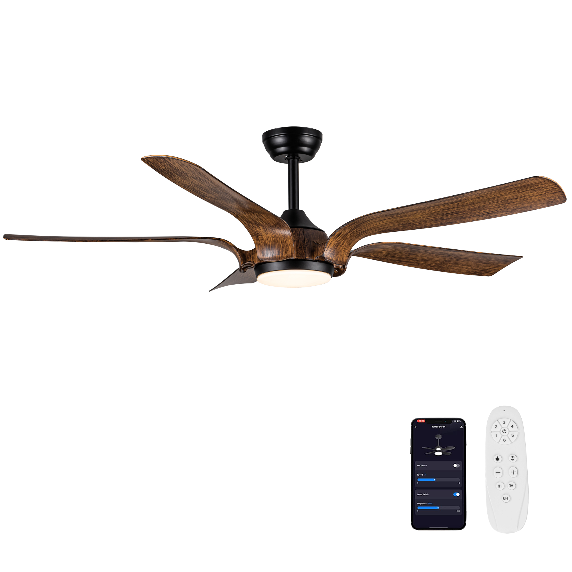 Smart 56" Integrated LED Ceiling Fan with  Antique Brown Blades in Matte Black Fan Body Finish