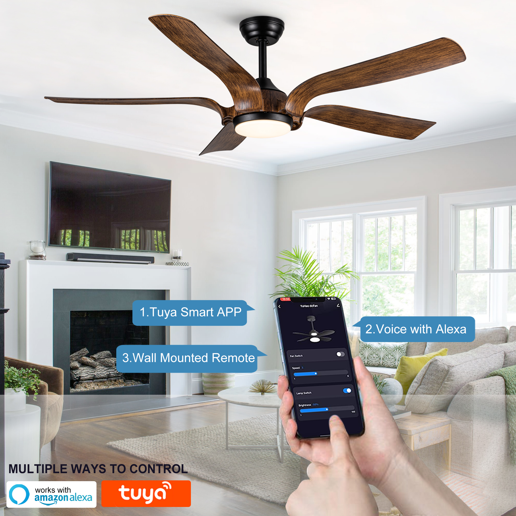 Smart 56" Integrated LED Ceiling Fan with  Antique Brown Blades in Matte Black Fan Body Finish