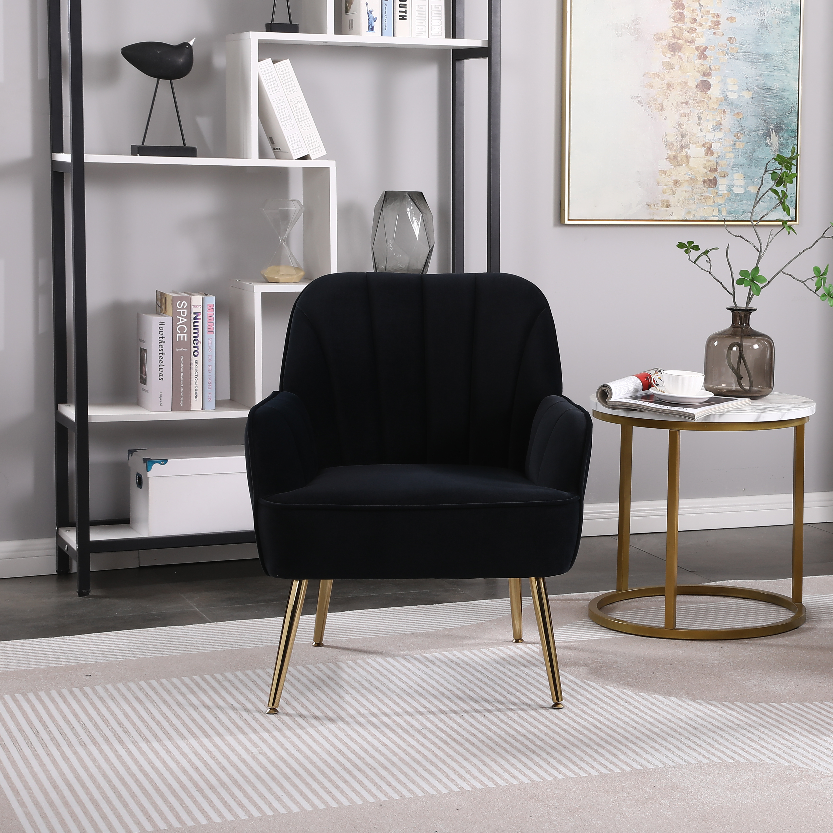 Modern Mid Century Chair velvet  Sherpa Armchair for Living Room Bedroom Office Easy Assemble(NAVY)